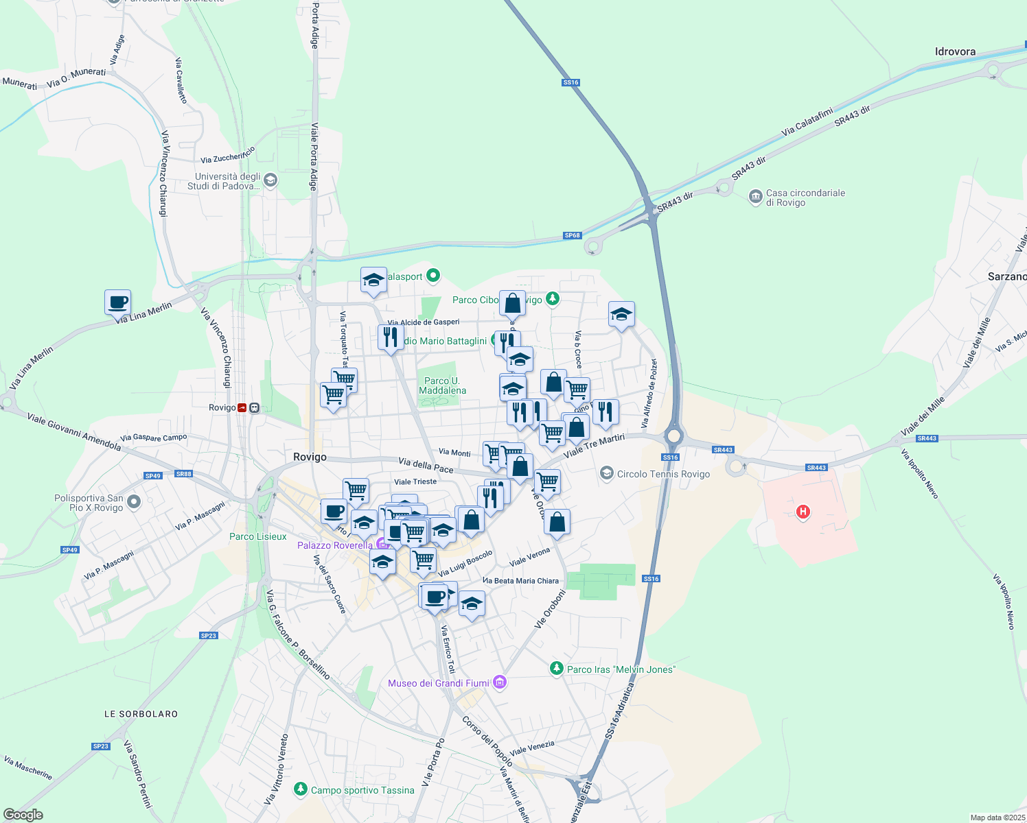 map of restaurants, bars, coffee shops, grocery stores, and more near 33 Via della Costituzione in Rovigo