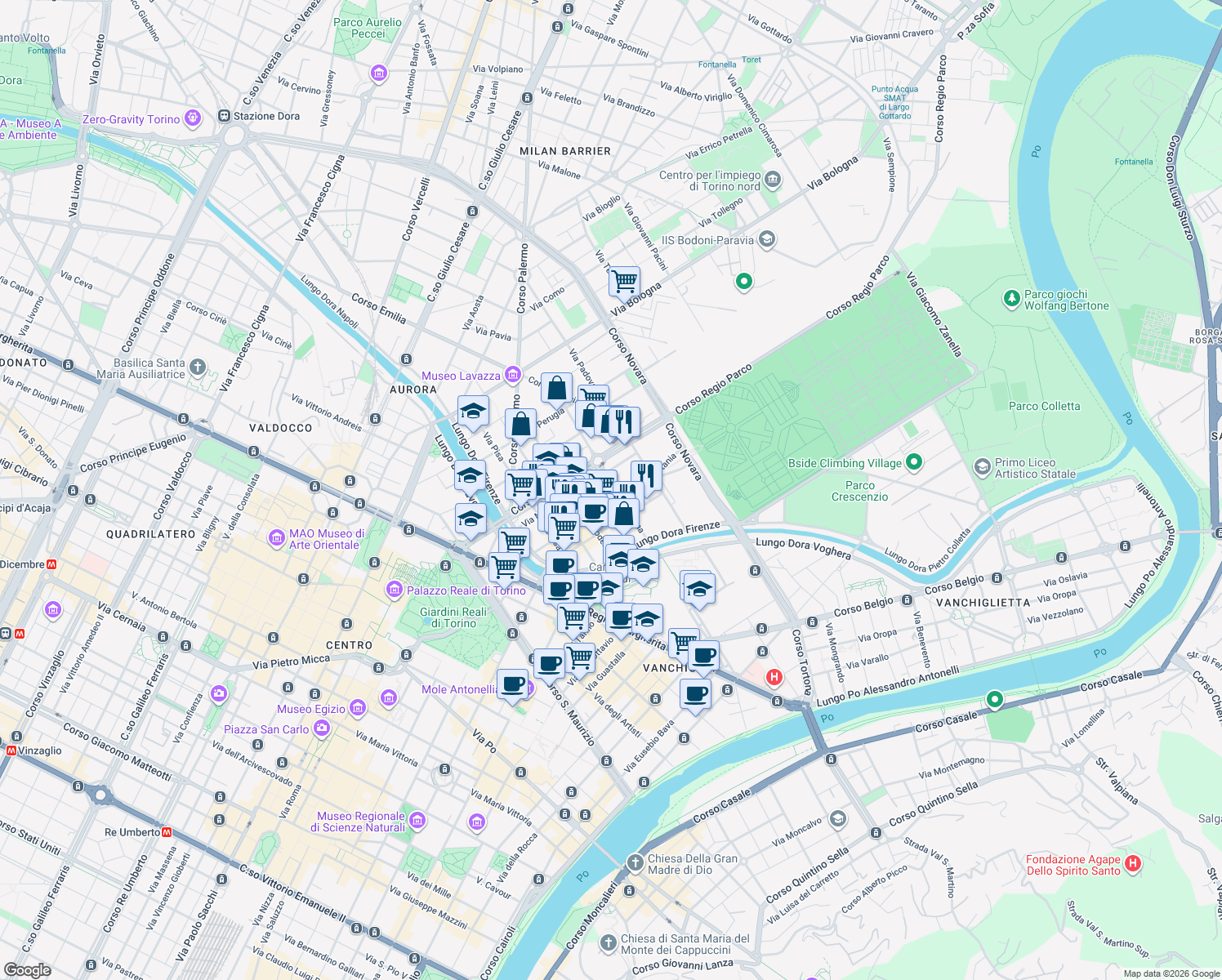 map of restaurants, bars, coffee shops, grocery stores, and more near 28-32 Via Catania in Torino