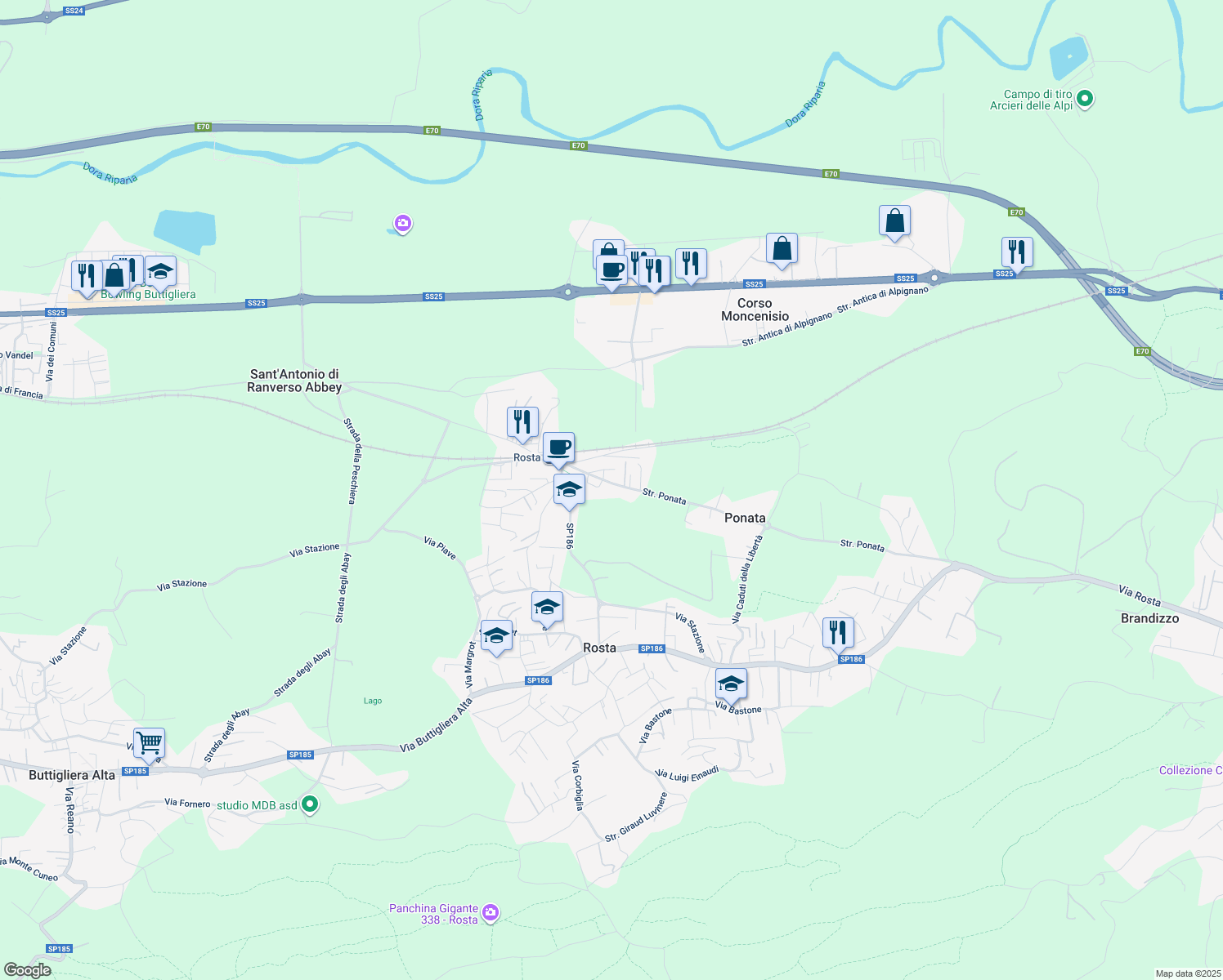 map of restaurants, bars, coffee shops, grocery stores, and more near 18 Strada Ponata in Rosta
