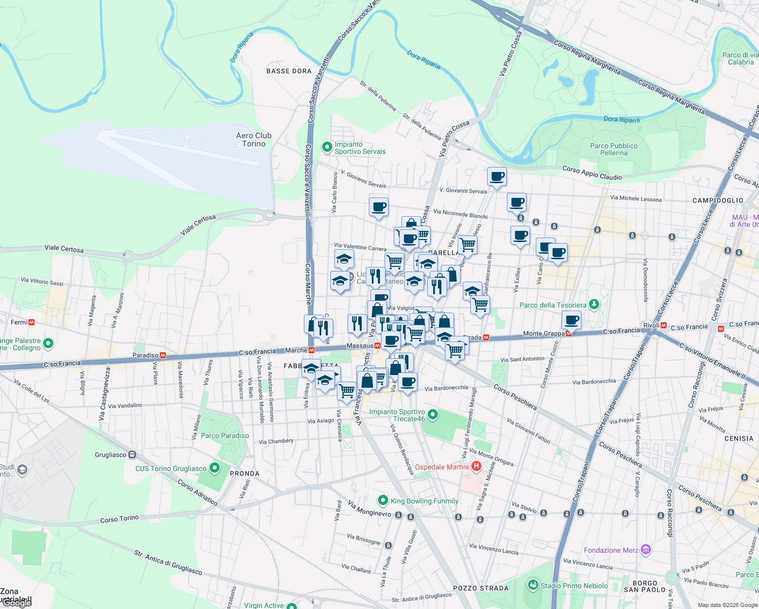 map of restaurants, bars, coffee shops, grocery stores, and more near 23 Via Pietro Cossa in Torino