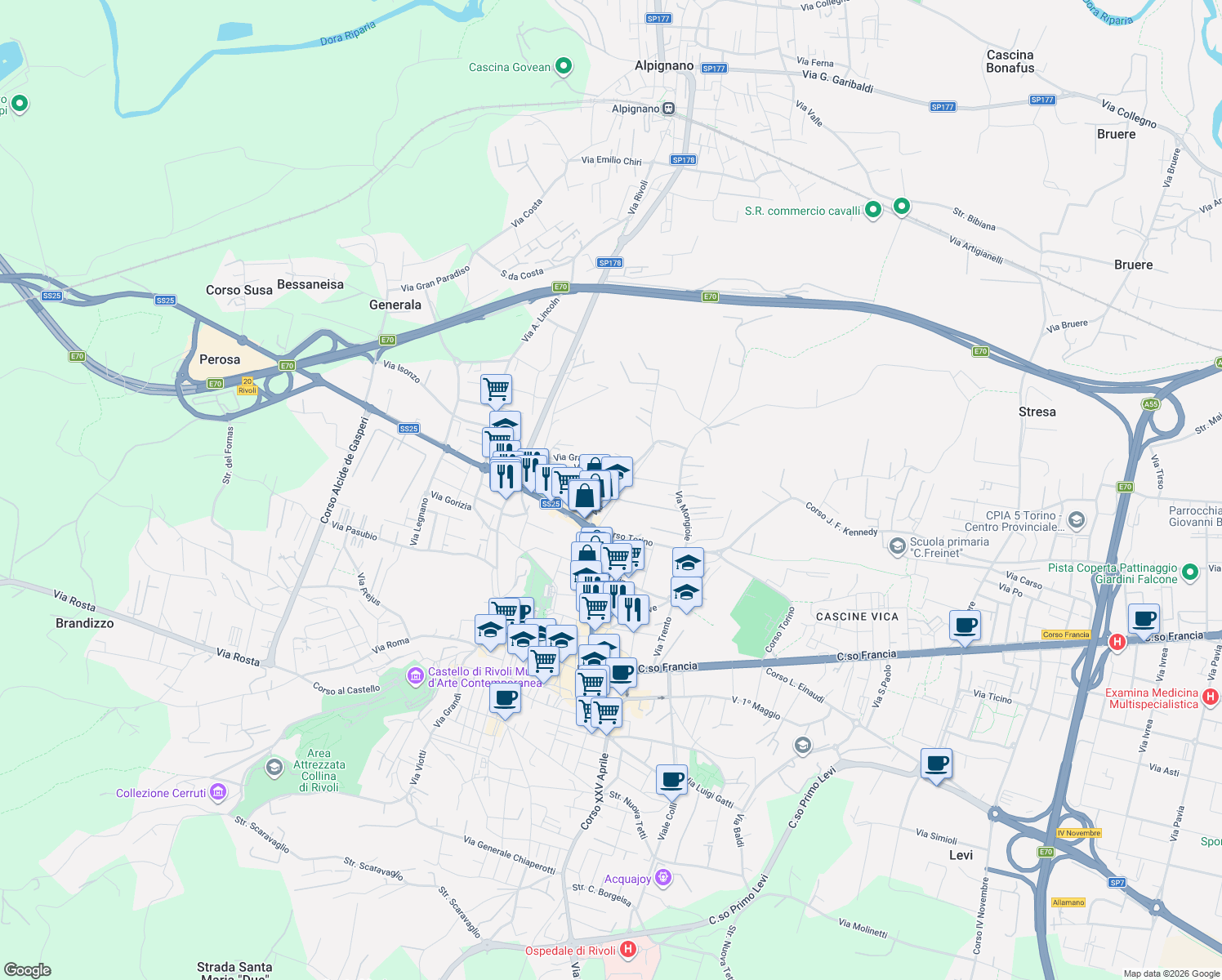 map of restaurants, bars, coffee shops, grocery stores, and more near 6 Viale Nuvoli in Rivoli