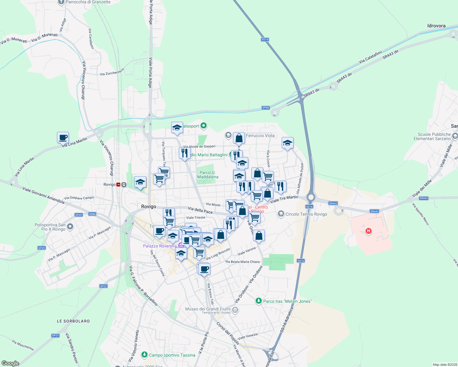 map of restaurants, bars, coffee shops, grocery stores, and more near Via G. Vittorio Frassinella in Rovigo