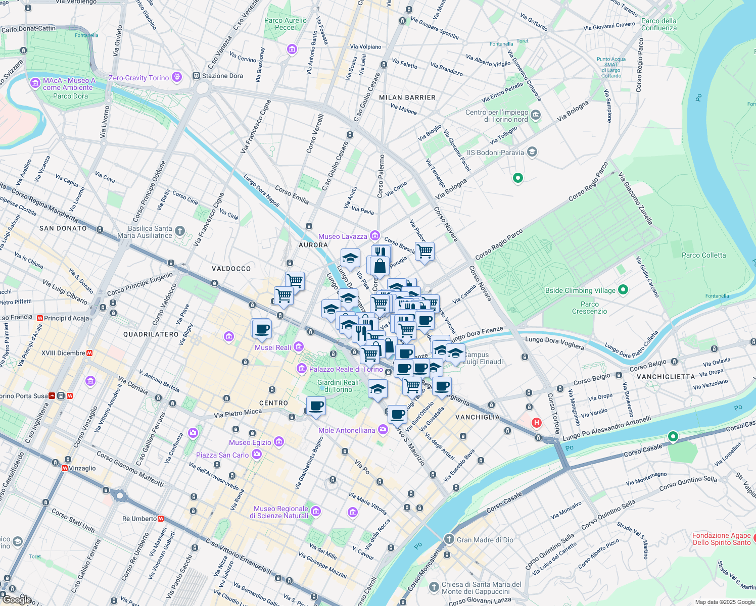 map of restaurants, bars, coffee shops, grocery stores, and more near 32 Via Pisa in Torino