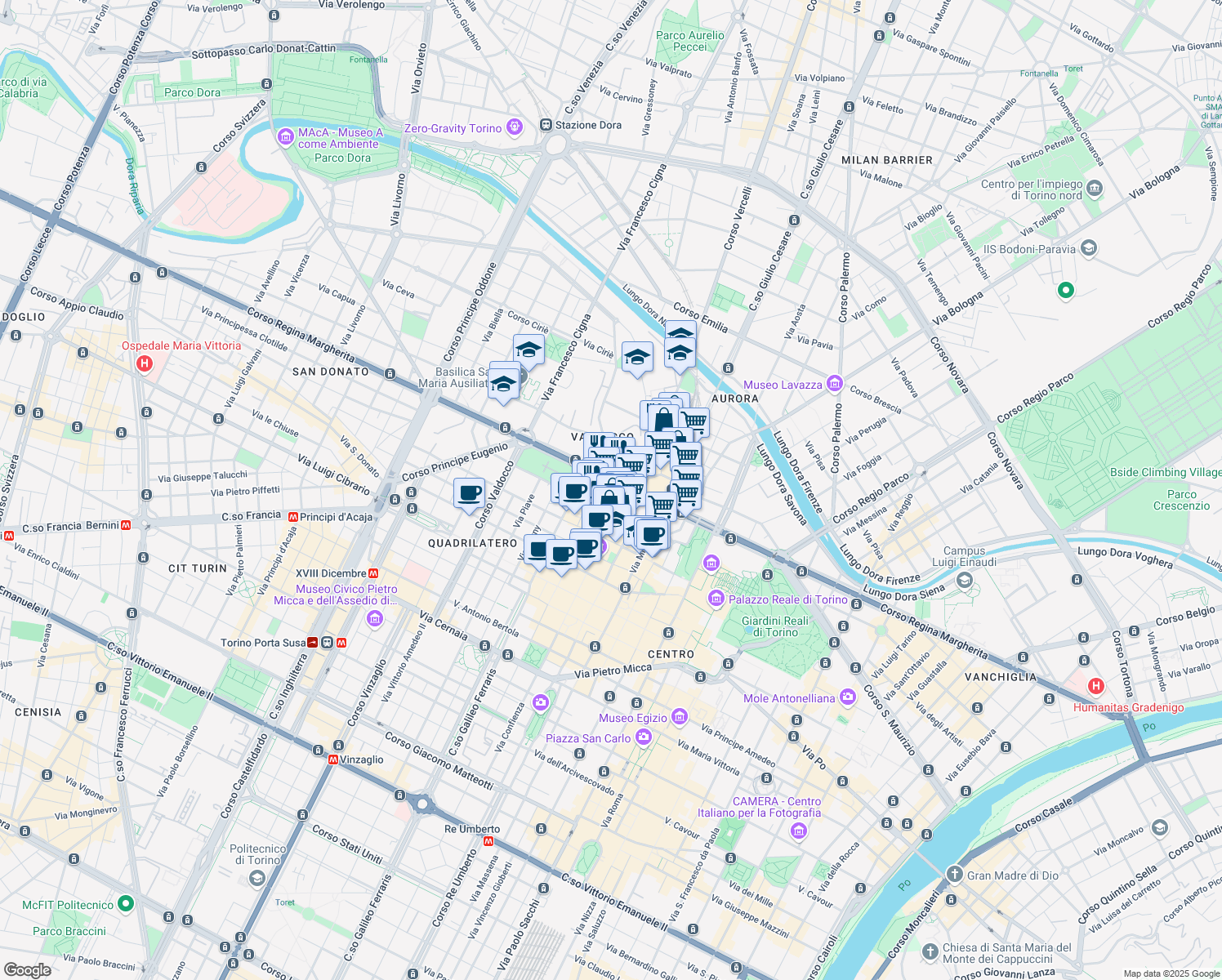 map of restaurants, bars, coffee shops, grocery stores, and more near 8 Via Cardinale Cagliero in Torino