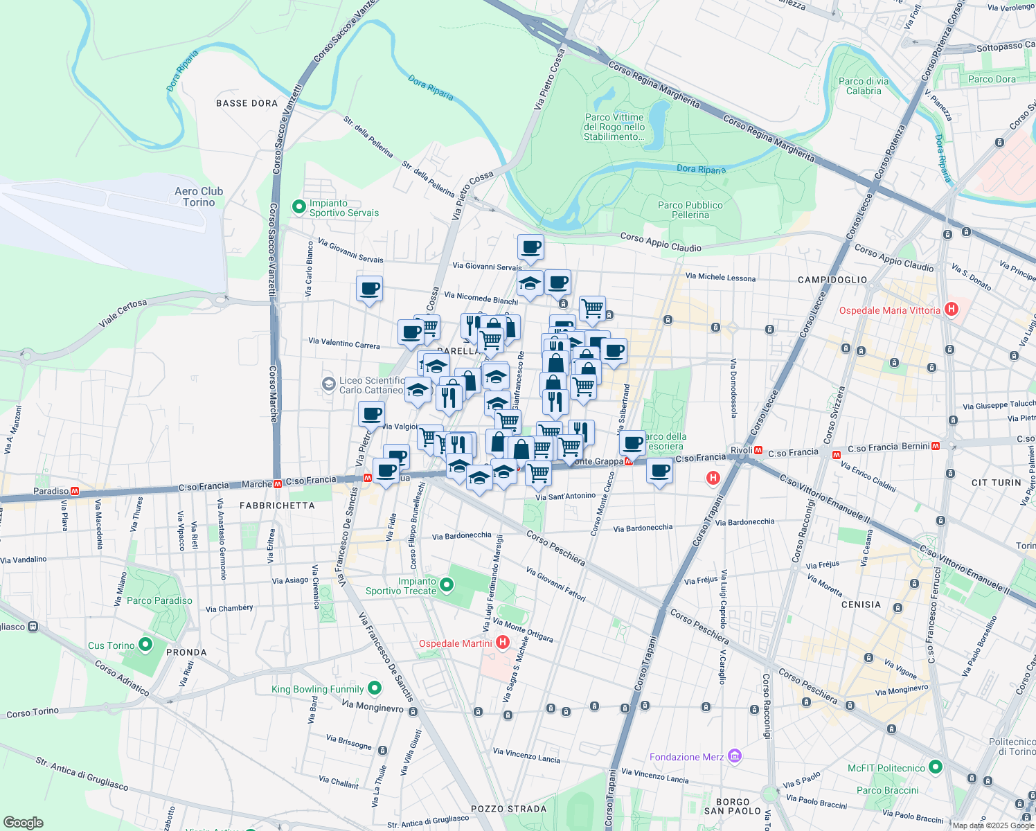 map of restaurants, bars, coffee shops, grocery stores, and more near 61 Via Giacinto Pacchiotti in Turin