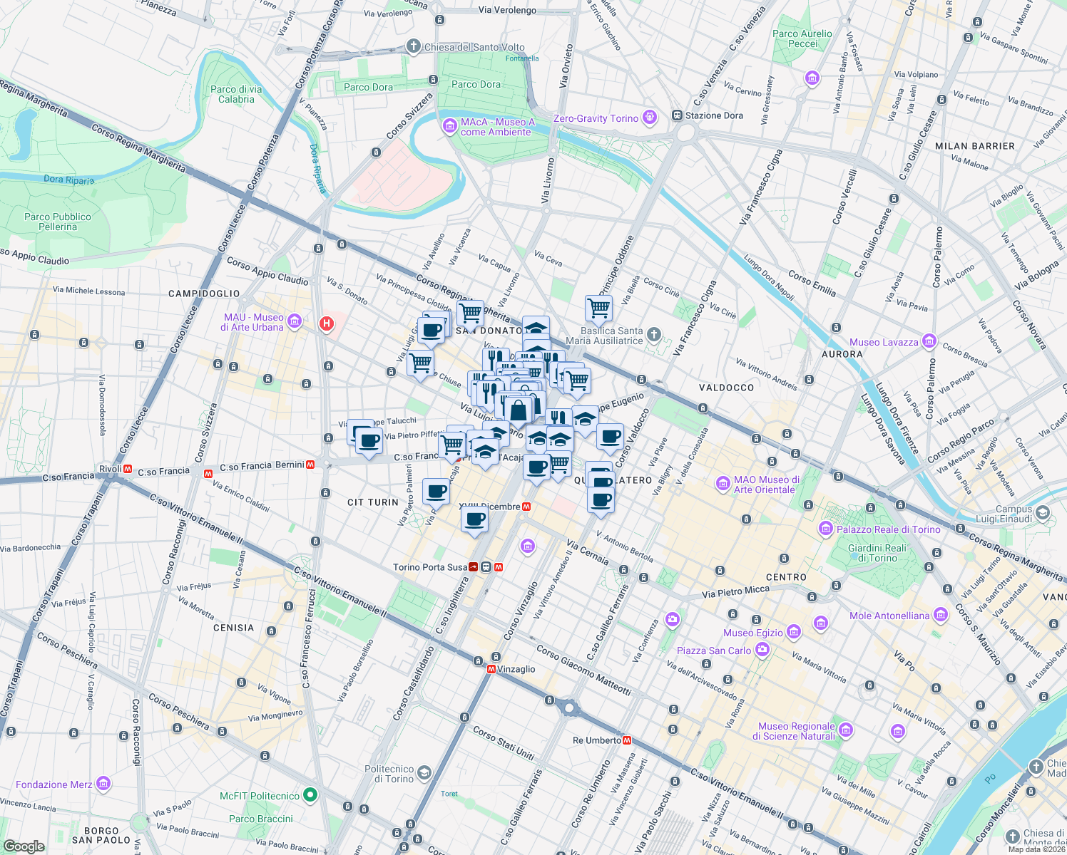 map of restaurants, bars, coffee shops, grocery stores, and more near 5 Via San Donato in Torino