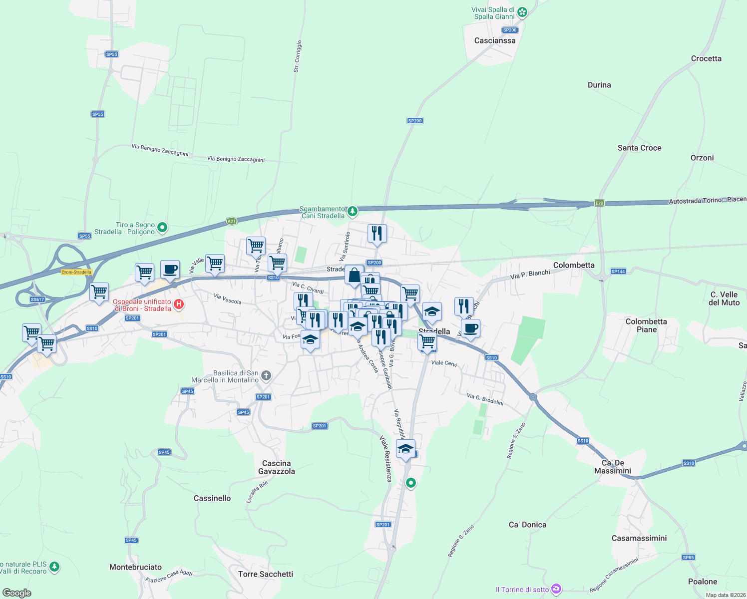map of restaurants, bars, coffee shops, grocery stores, and more near 43 Via G. Mazzini in Stradella