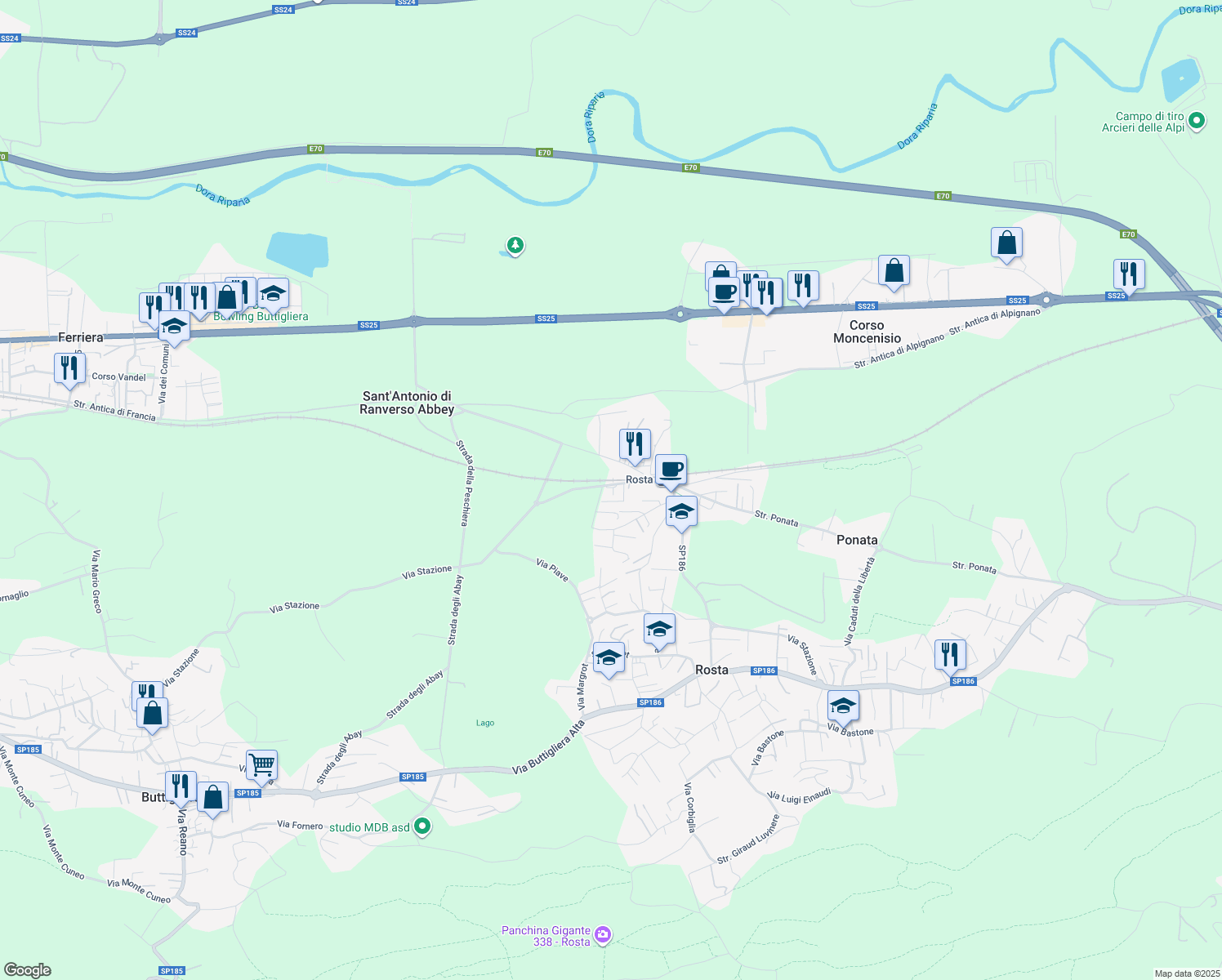 map of restaurants, bars, coffee shops, grocery stores, and more near 5/1 Strada Antica di Buttigliera Alta in Rosta