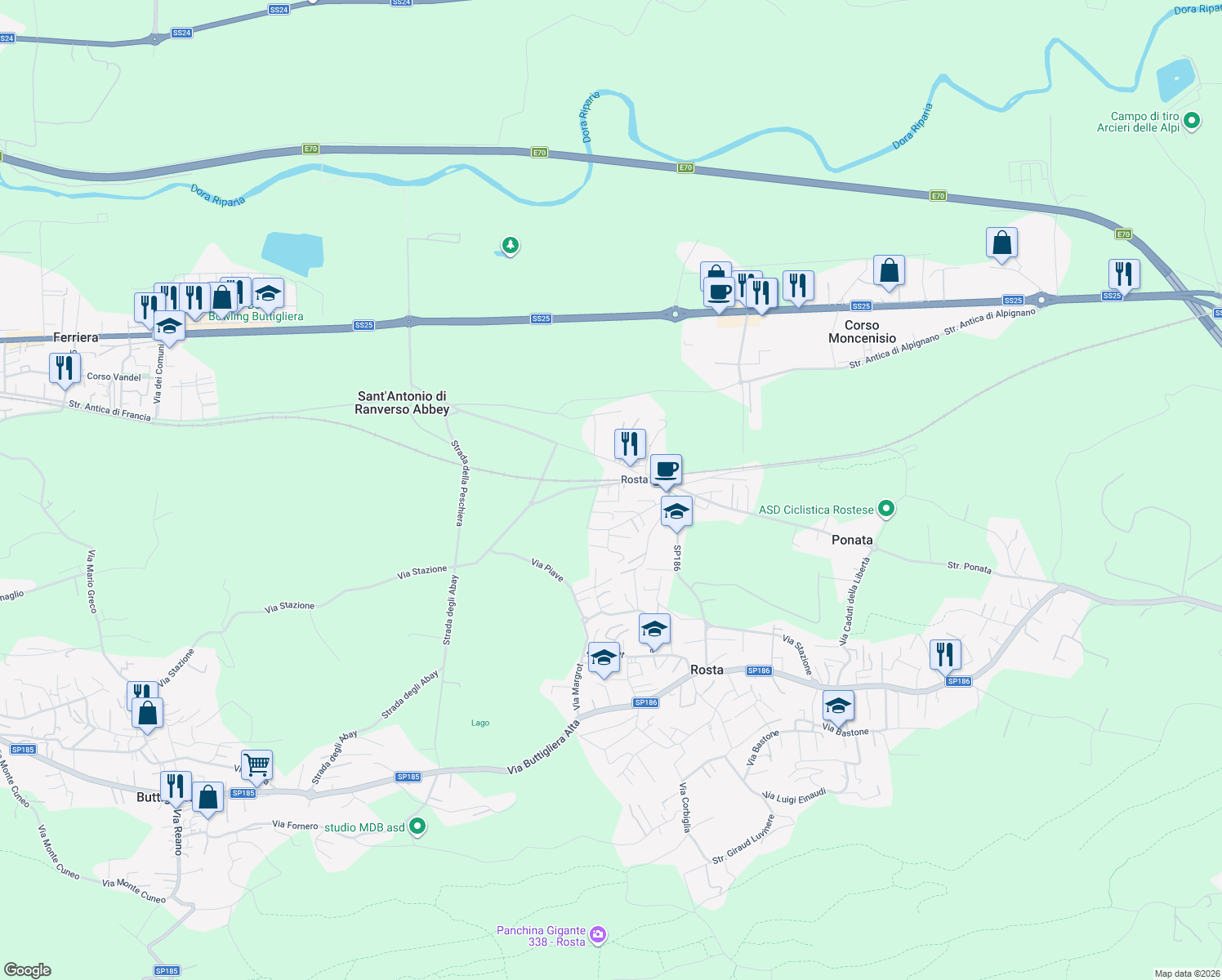 map of restaurants, bars, coffee shops, grocery stores, and more near 5/1 Strada Antica di Buttigliera Alta in Rosta