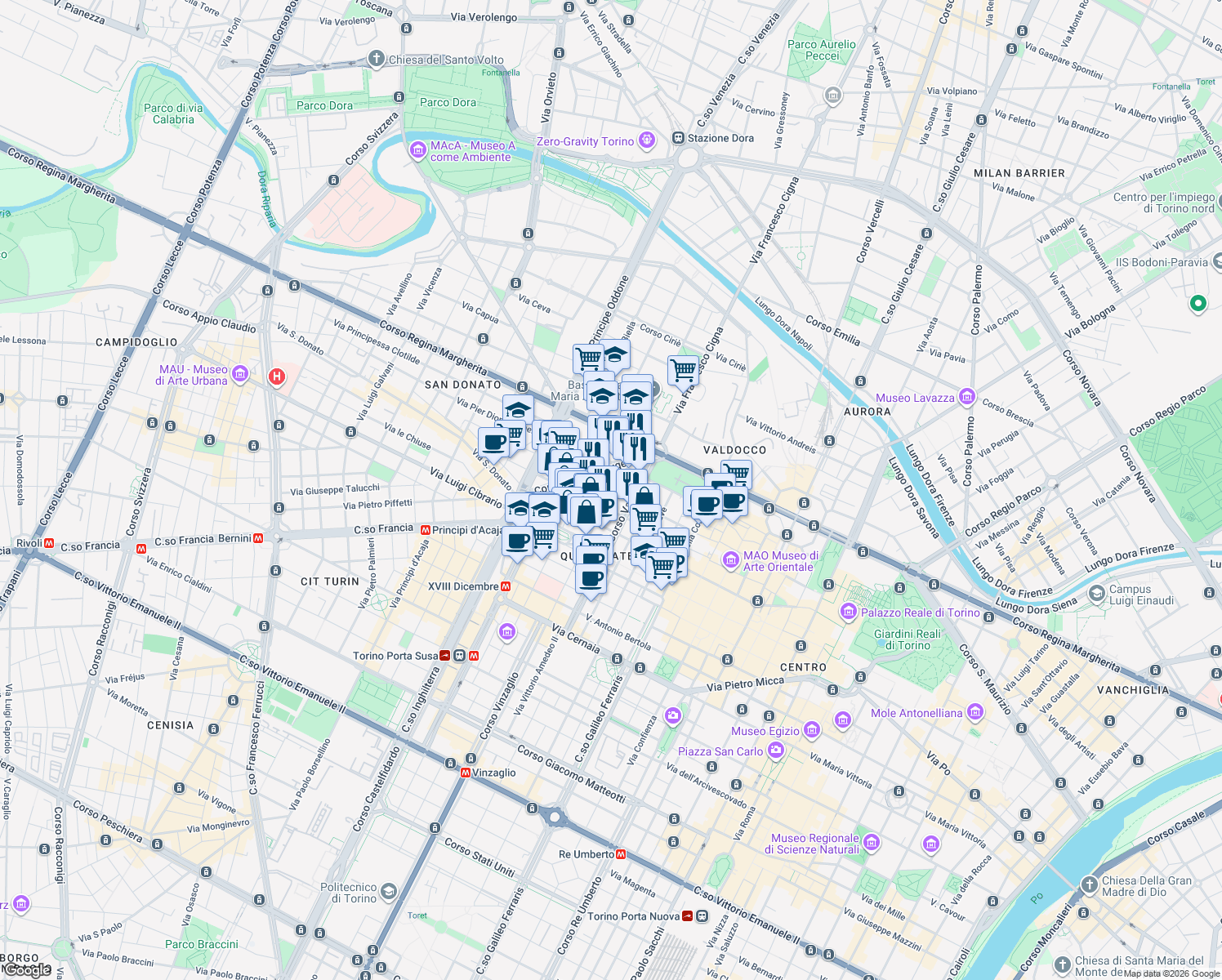 map of restaurants, bars, coffee shops, grocery stores, and more near 50 Via Santa Chiara in Turin