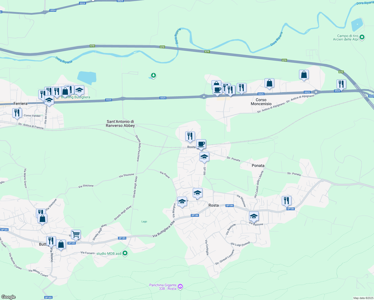 map of restaurants, bars, coffee shops, grocery stores, and more near 5/1 Strada Antica di Buttigliera Alta in Rosta