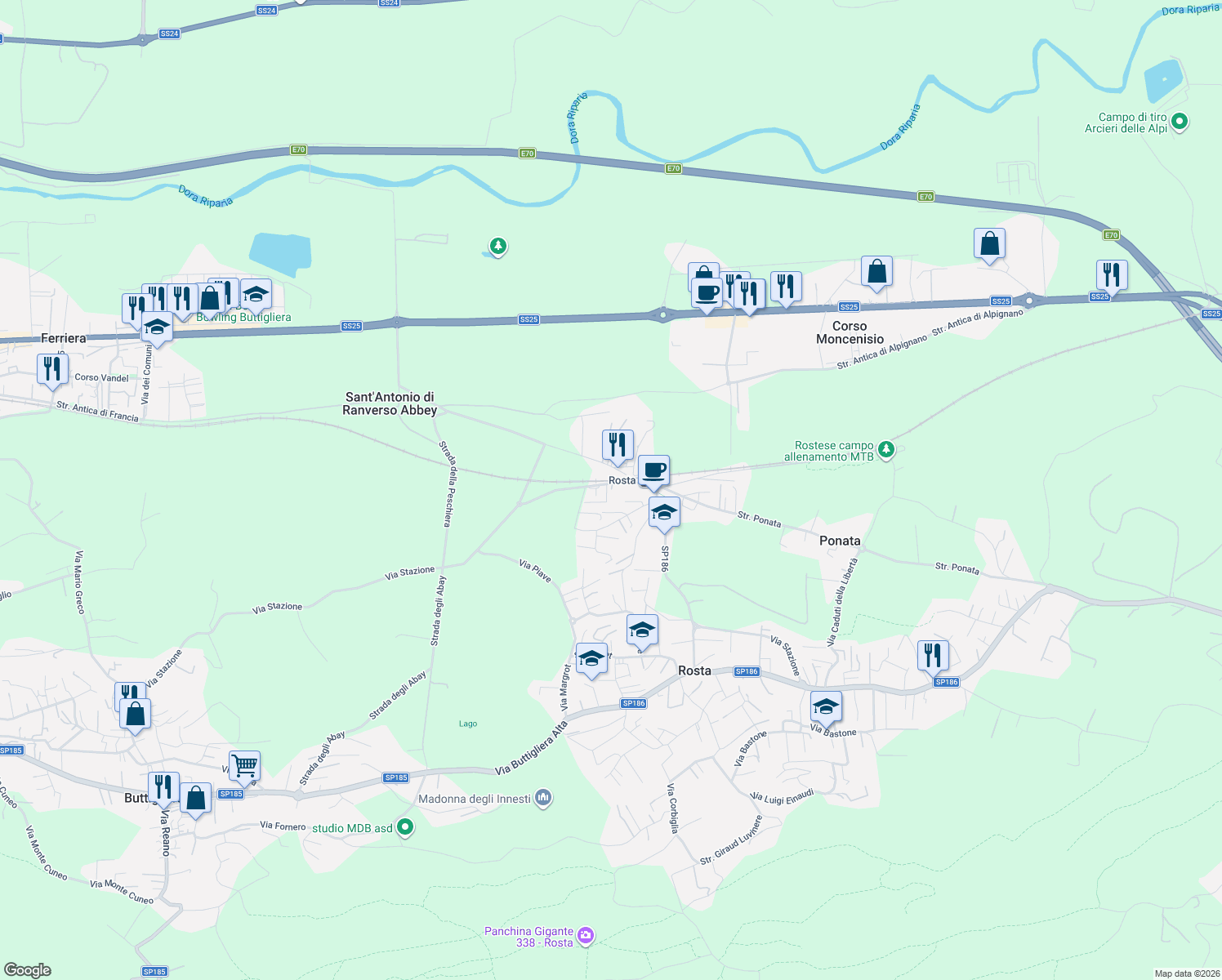 map of restaurants, bars, coffee shops, grocery stores, and more near Strada Antica di Buttigliera Alta in Rosta