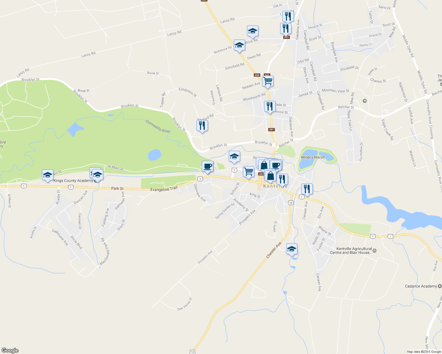 map of restaurants, bars, coffee shops, grocery stores, and more near 525 Main Street in Kentville