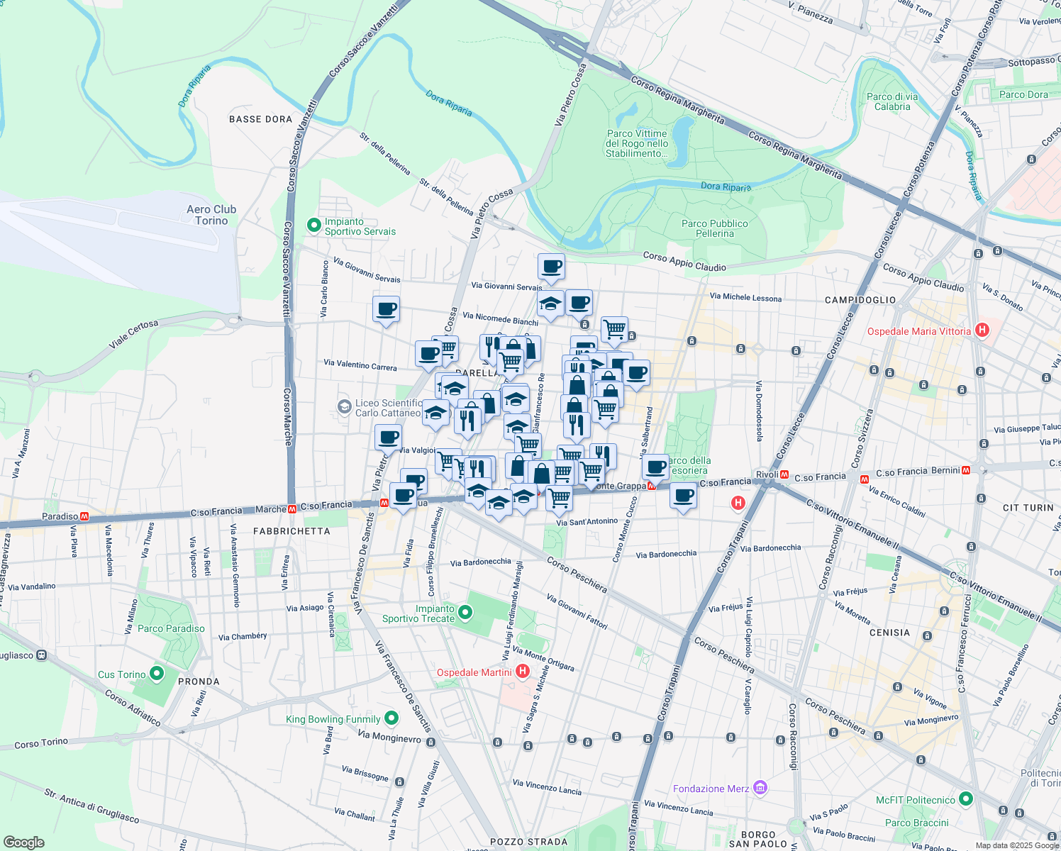 map of restaurants, bars, coffee shops, grocery stores, and more near 61 Via Giacinto Pacchiotti in Torino