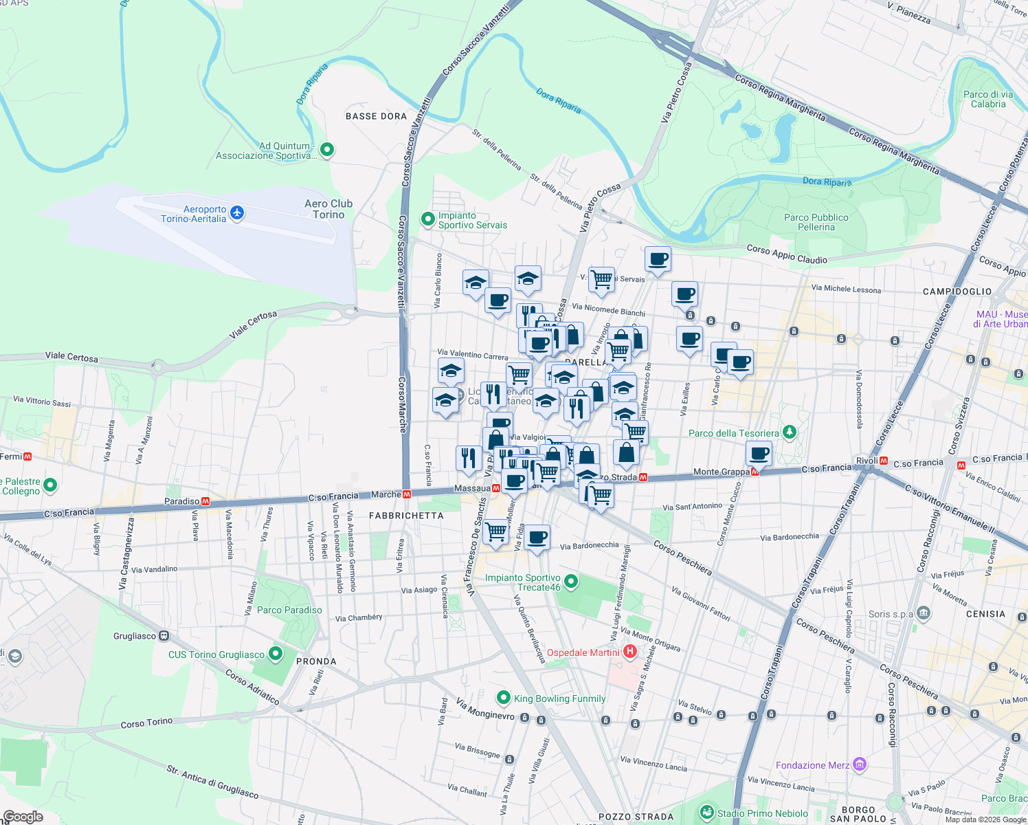 map of restaurants, bars, coffee shops, grocery stores, and more near 40 Via Pietro Cossa in Torino