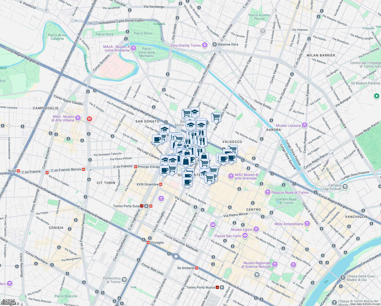 map of restaurants, bars, coffee shops, grocery stores, and more near 50 Via Santa Chiara in Turin