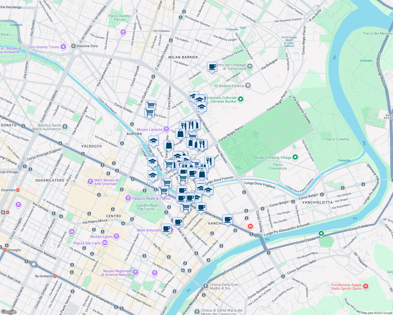 map of restaurants, bars, coffee shops, grocery stores, and more near 39 Via Messina in Turin