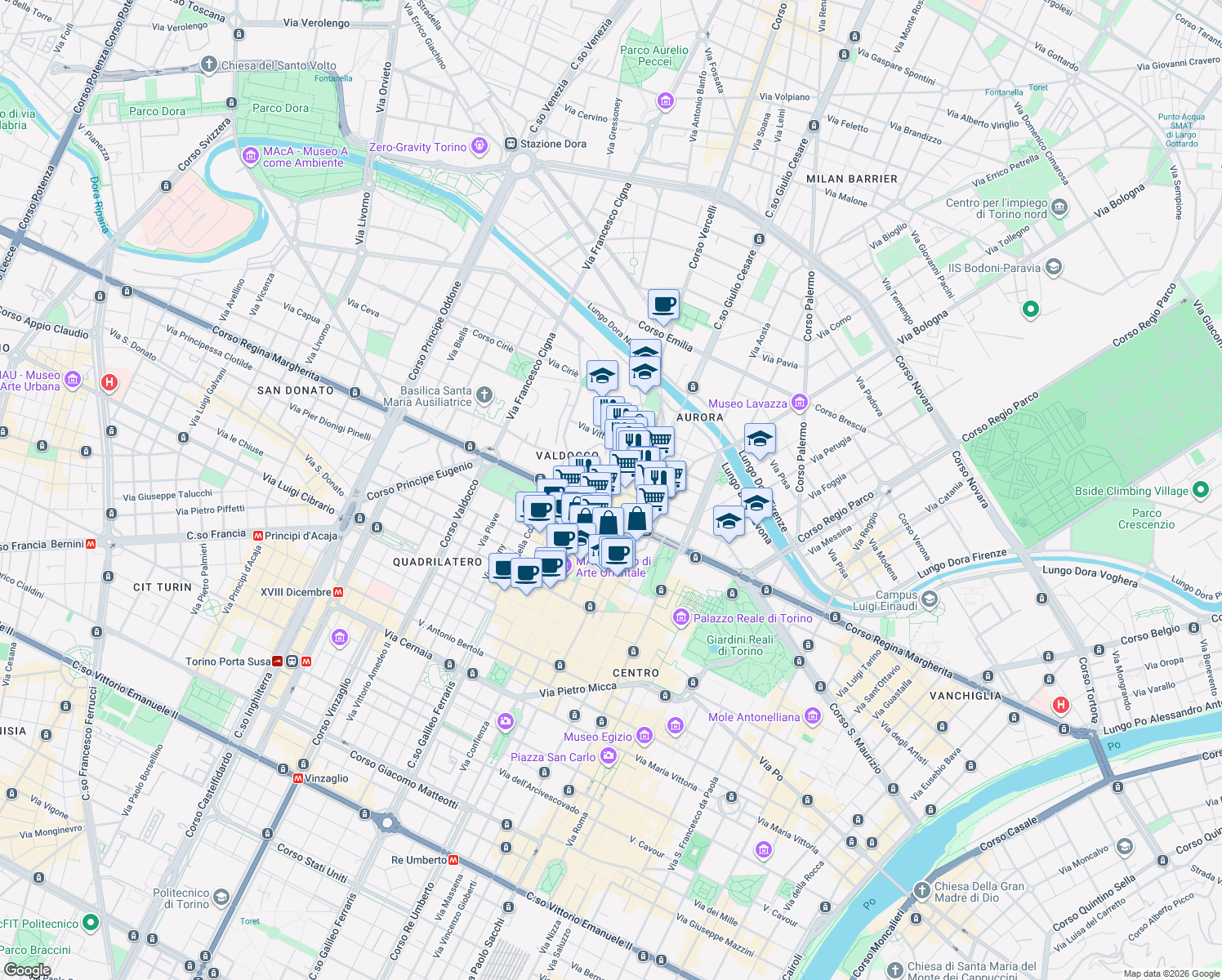 map of restaurants, bars, coffee shops, grocery stores, and more near 13 Piazza della Repubblica in Torino