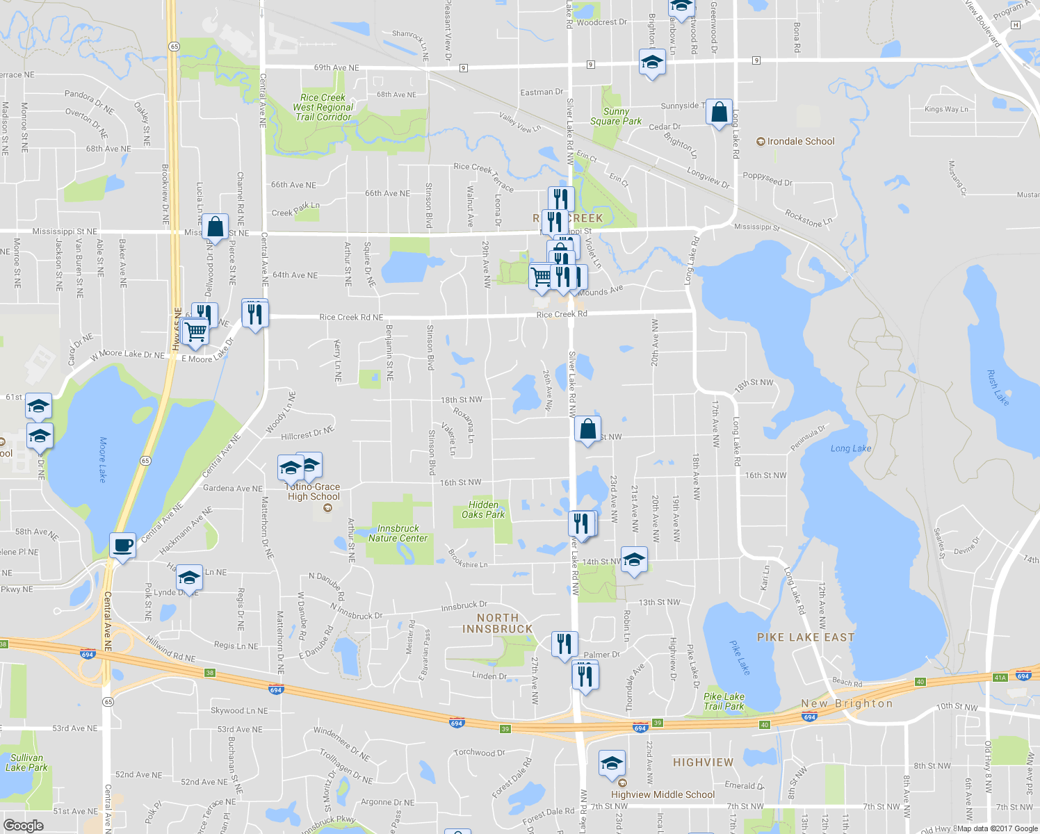 map of restaurants, bars, coffee shops, grocery stores, and more near 2750 17th Terrace Northwest in New Brighton