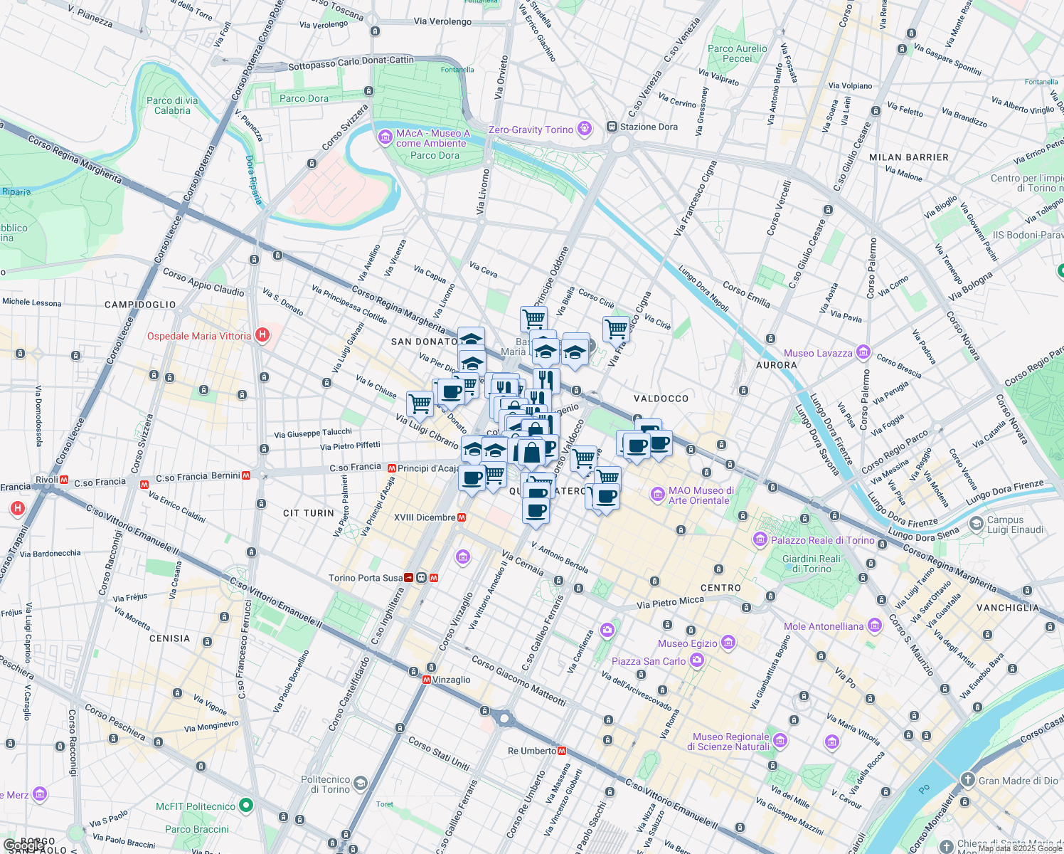 map of restaurants, bars, coffee shops, grocery stores, and more near 8-10 Via Carlo Allioni in Torino