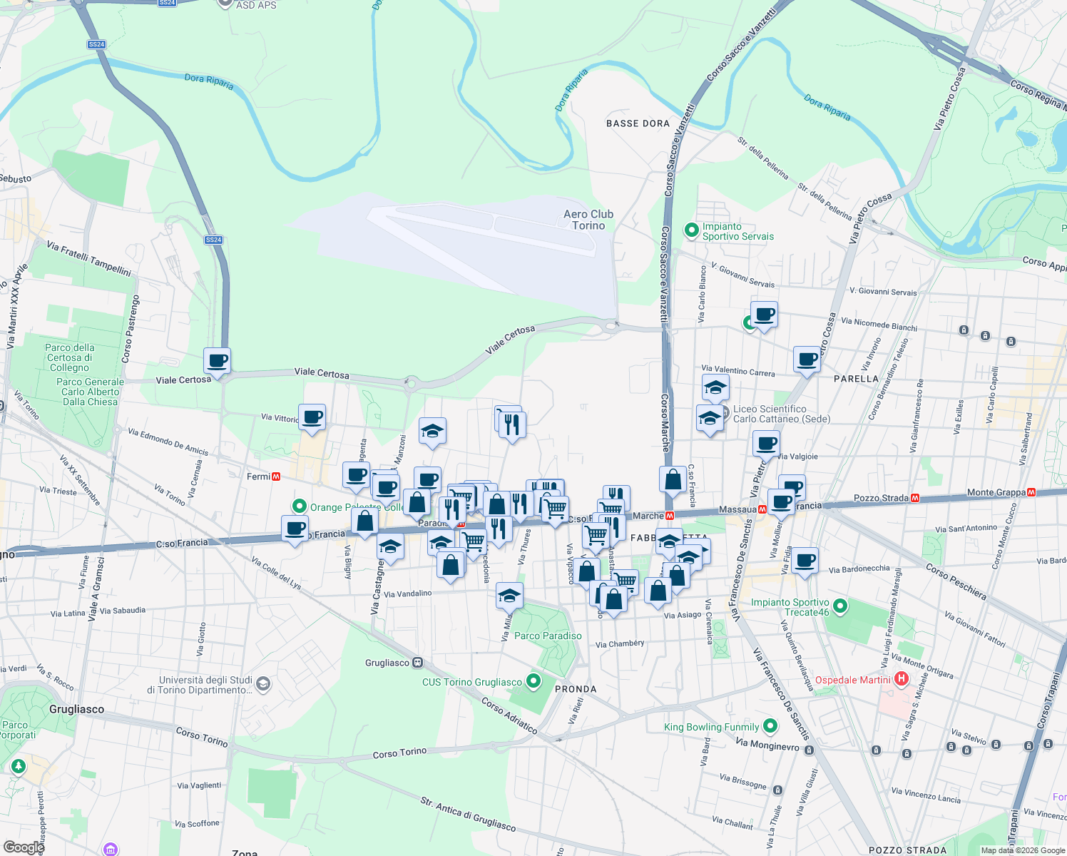 map of restaurants, bars, coffee shops, grocery stores, and more near 2 Piazza Sandro Pertini in Collegno