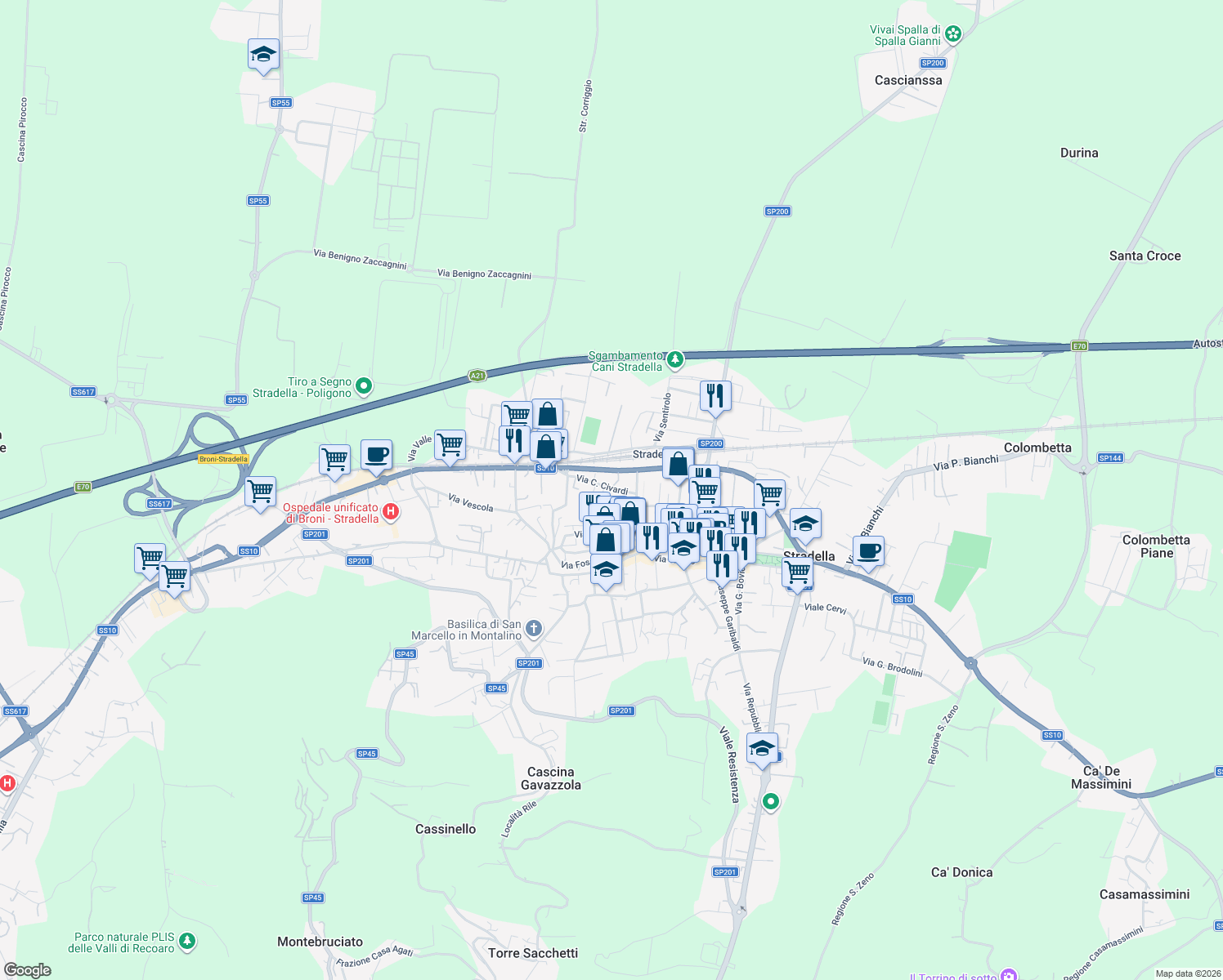 map of restaurants, bars, coffee shops, grocery stores, and more near 64 Via C. Civardi in Stradella