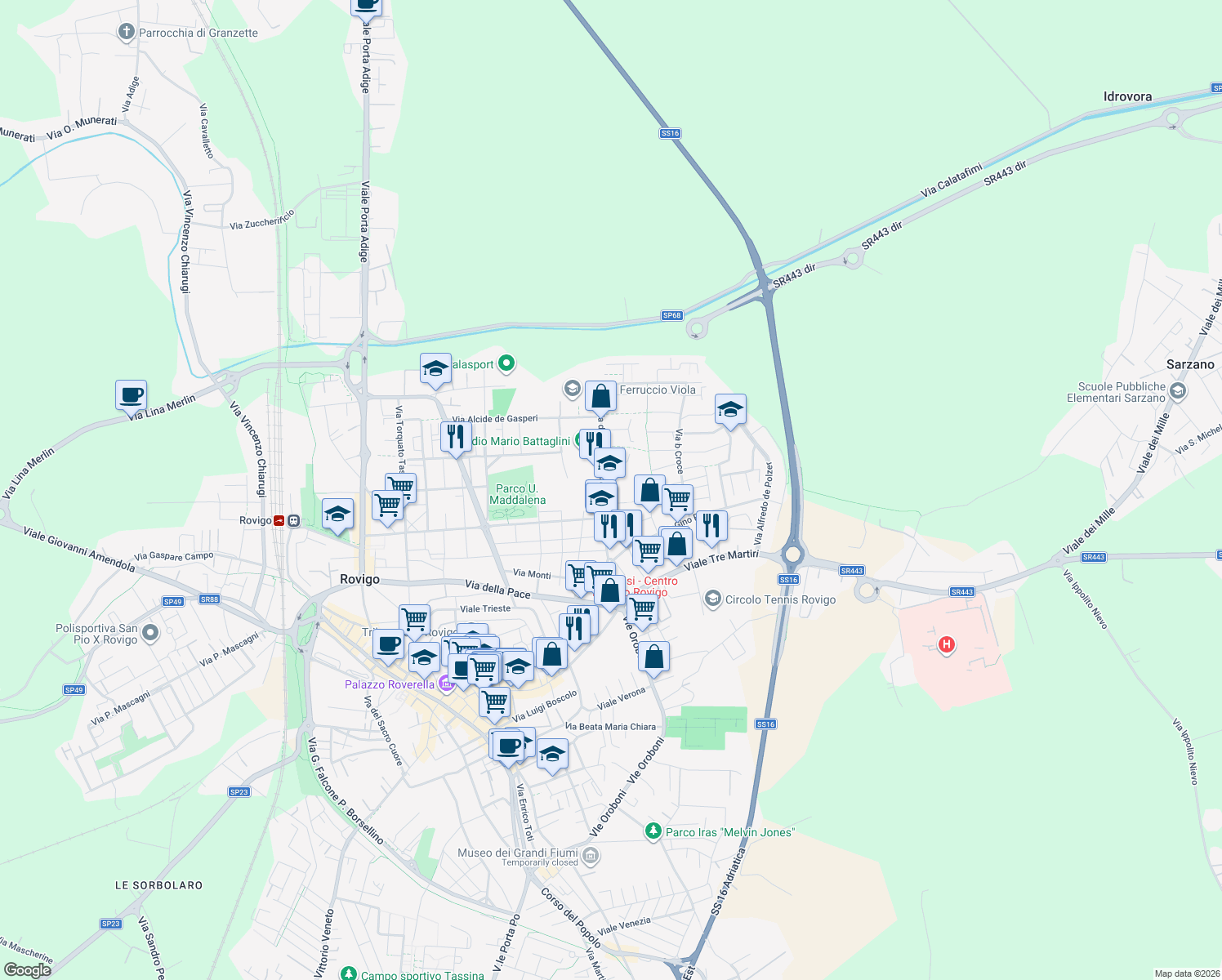 map of restaurants, bars, coffee shops, grocery stores, and more near 6 Via della Costituzione in Rovigo