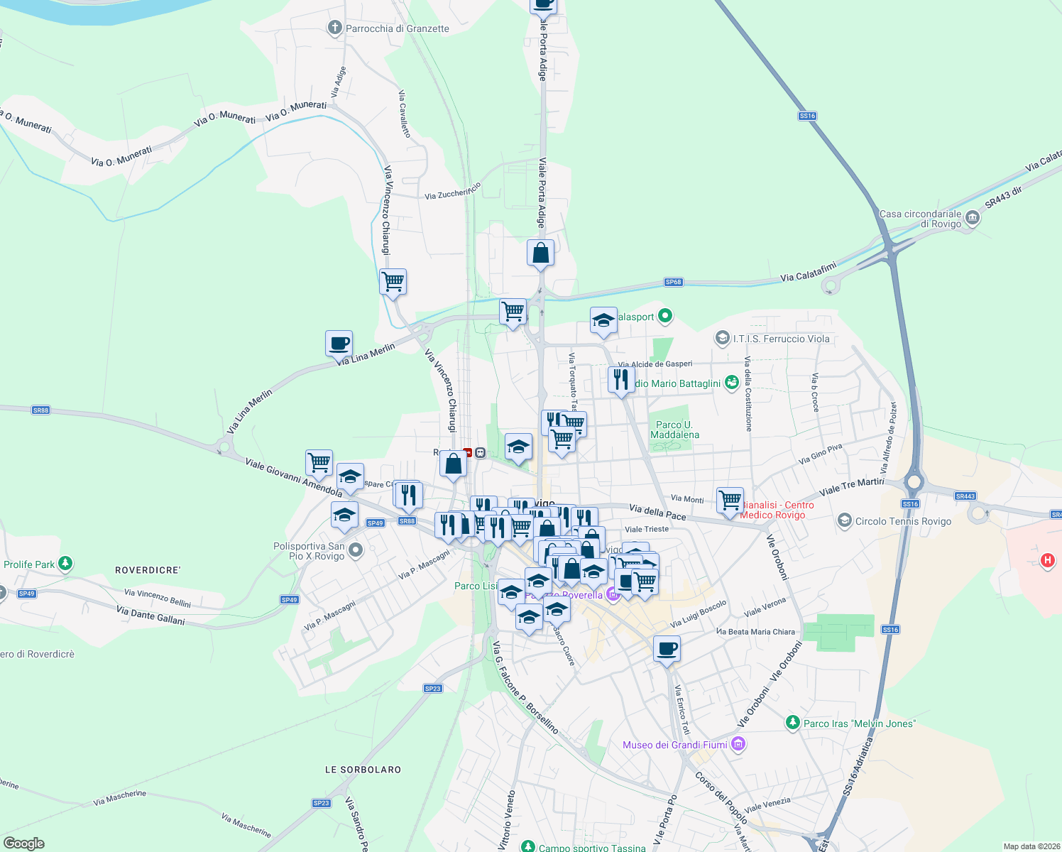 map of restaurants, bars, coffee shops, grocery stores, and more near 2 Via Aldo Moro in Rovigo