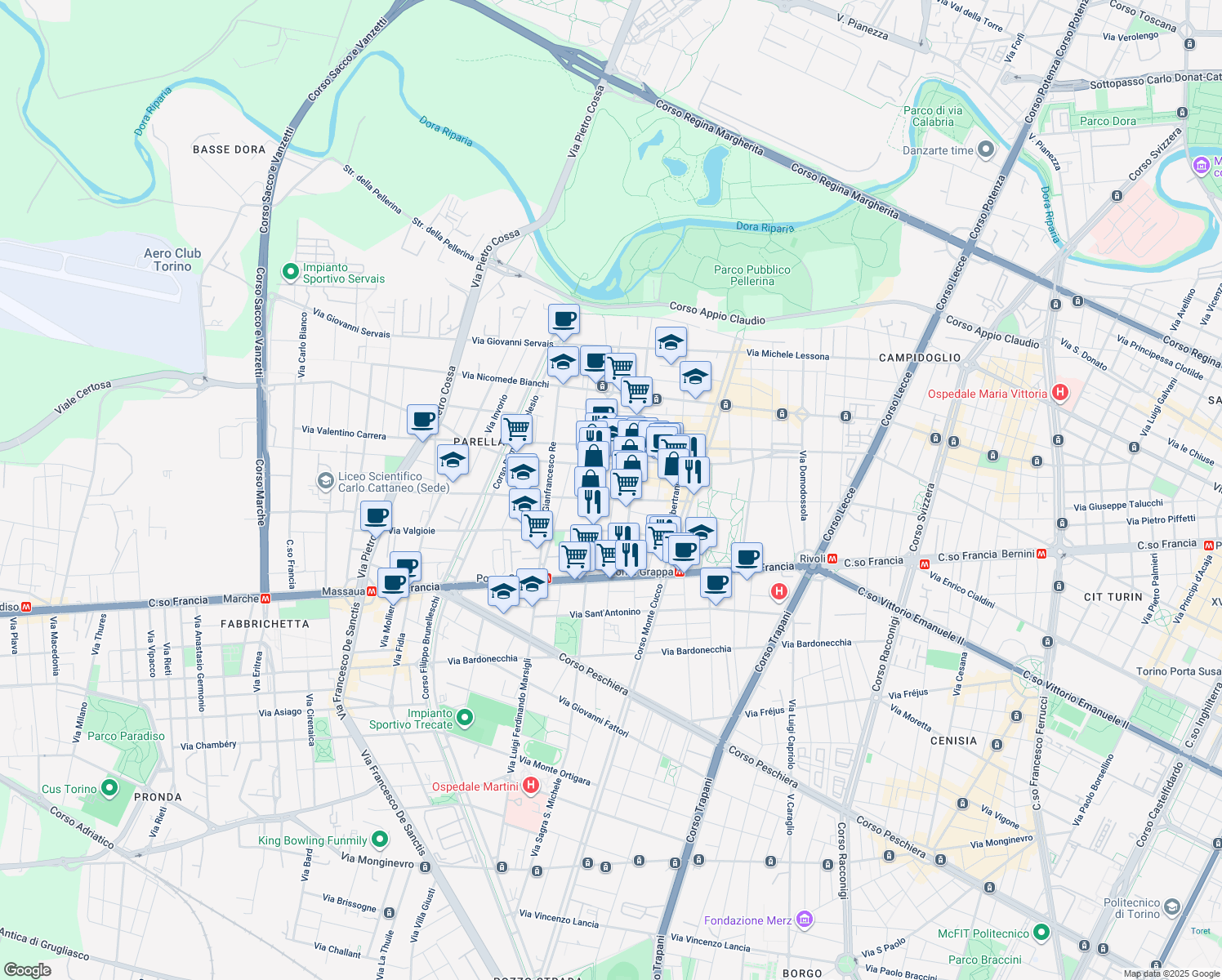 map of restaurants, bars, coffee shops, grocery stores, and more near 36 Via Exilles in Torino