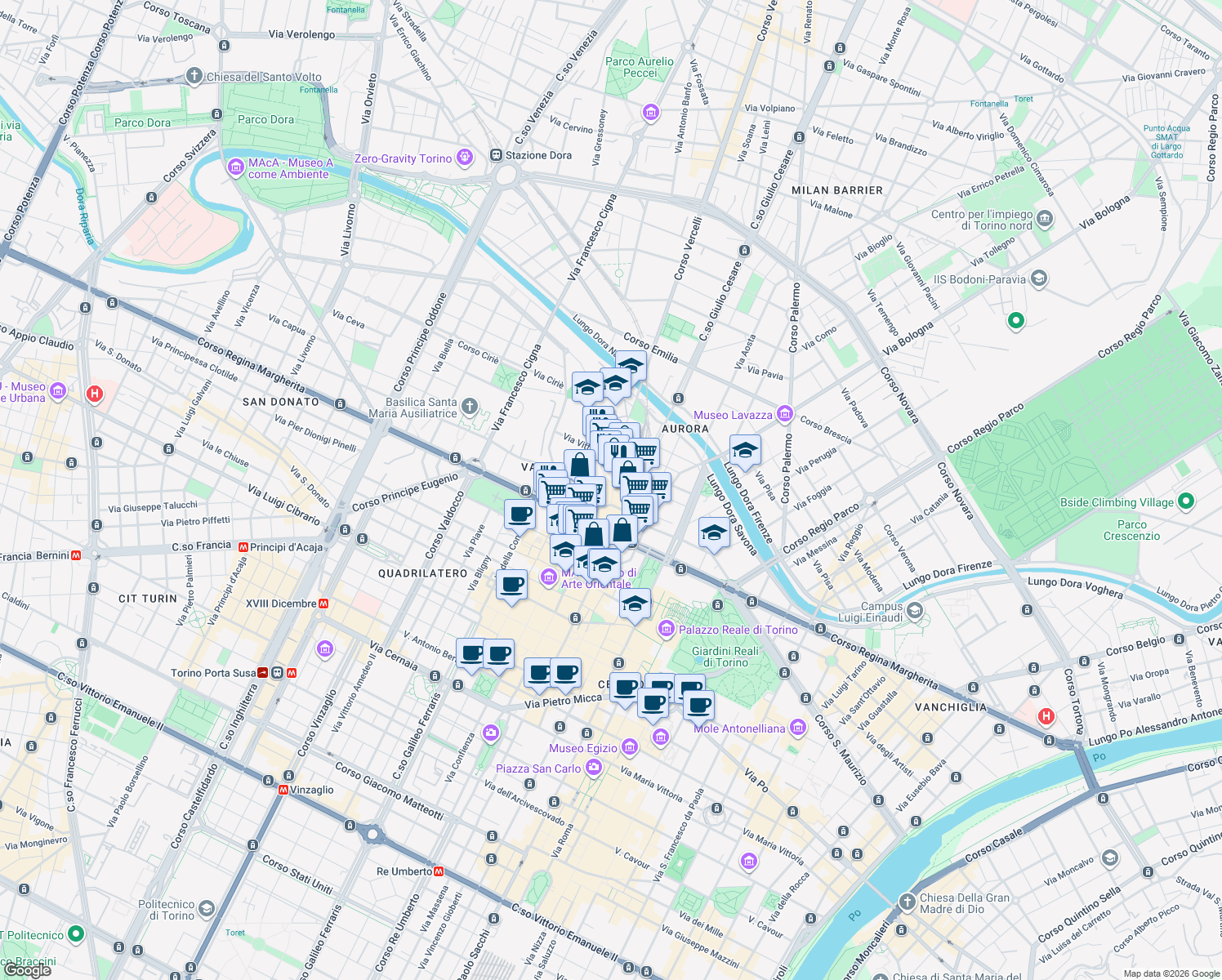 map of restaurants, bars, coffee shops, grocery stores, and more near 13 Piazza della Repubblica in Torino