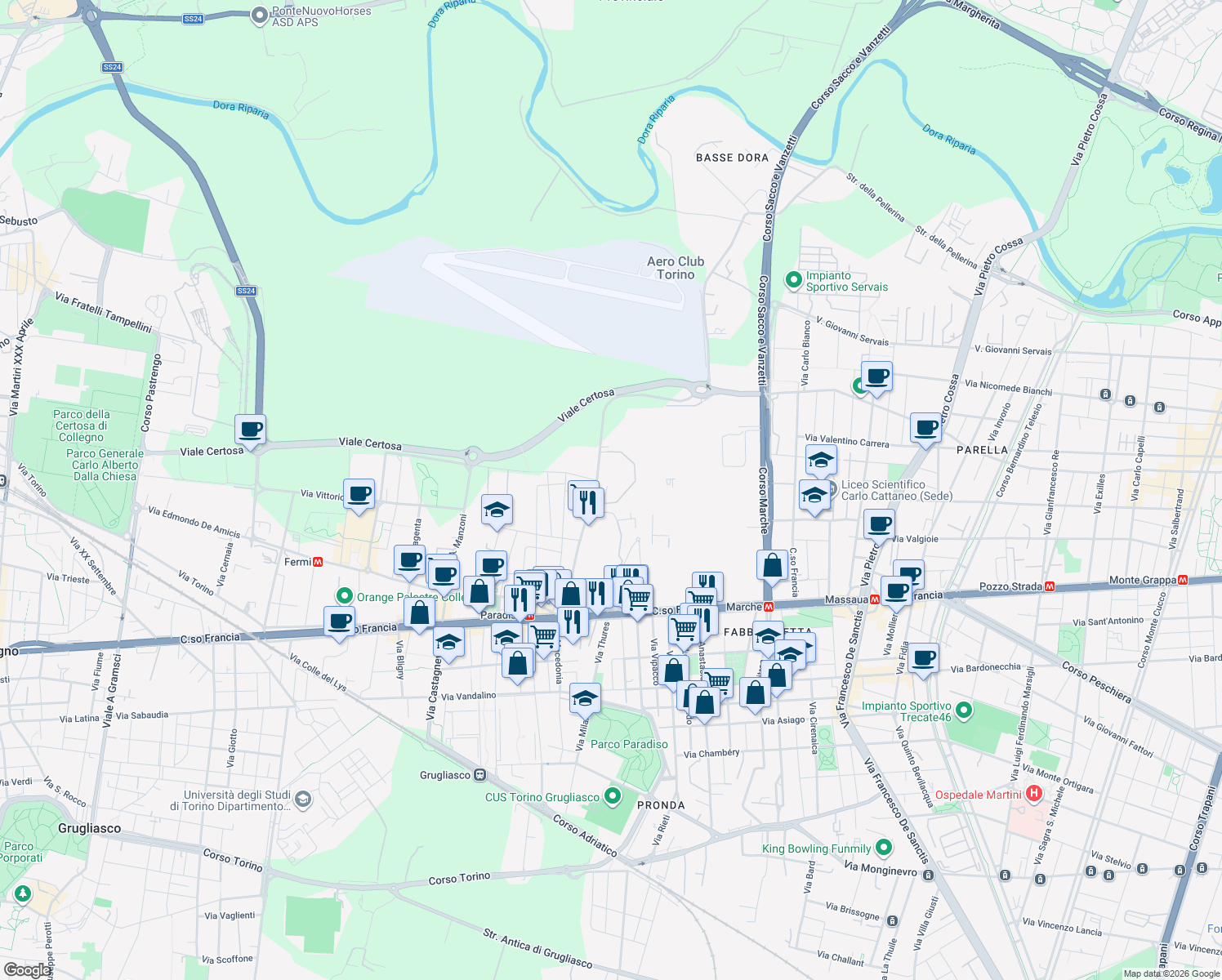 map of restaurants, bars, coffee shops, grocery stores, and more near 2 Piazza Sandro Pertini in Collegno