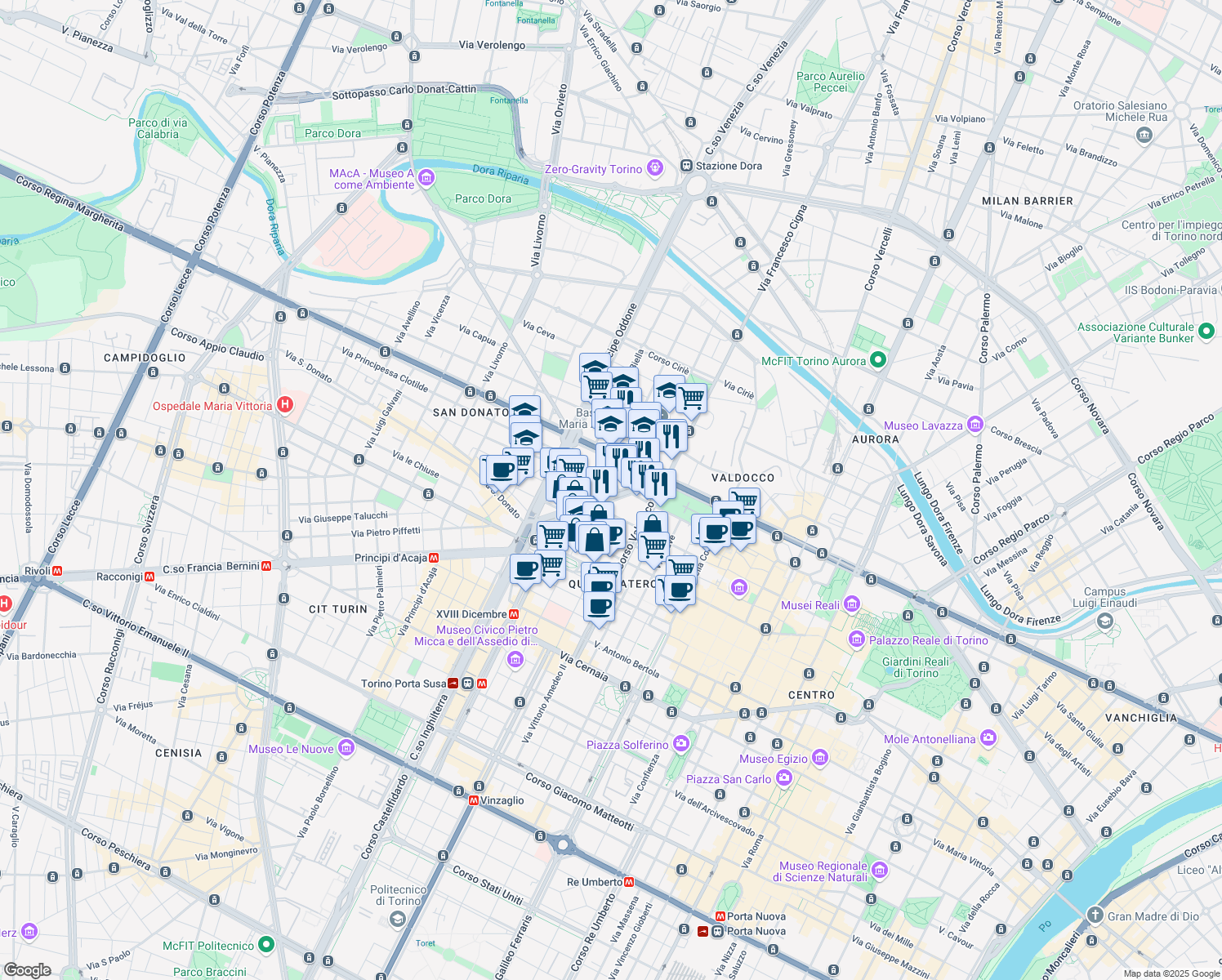map of restaurants, bars, coffee shops, grocery stores, and more near 18 Corso Principe Eugenio in Torino