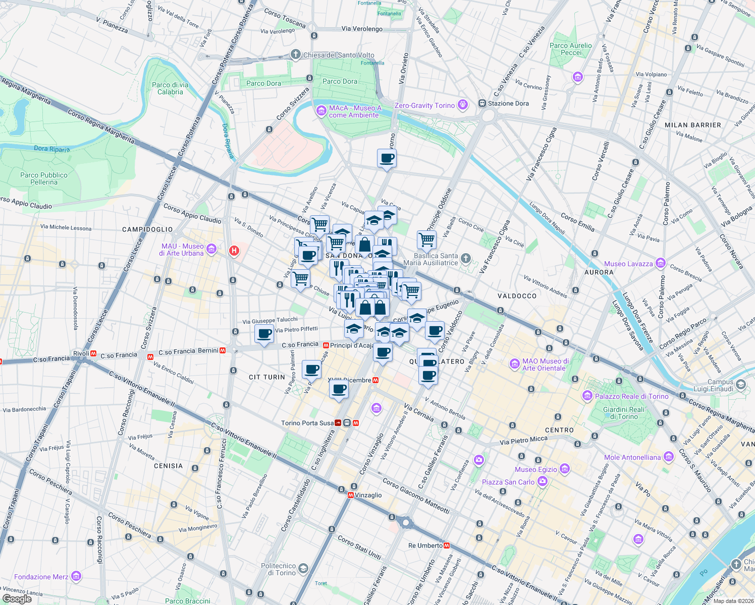 map of restaurants, bars, coffee shops, grocery stores, and more near 13 Via Vincenzo Maria Miglietti in Turin