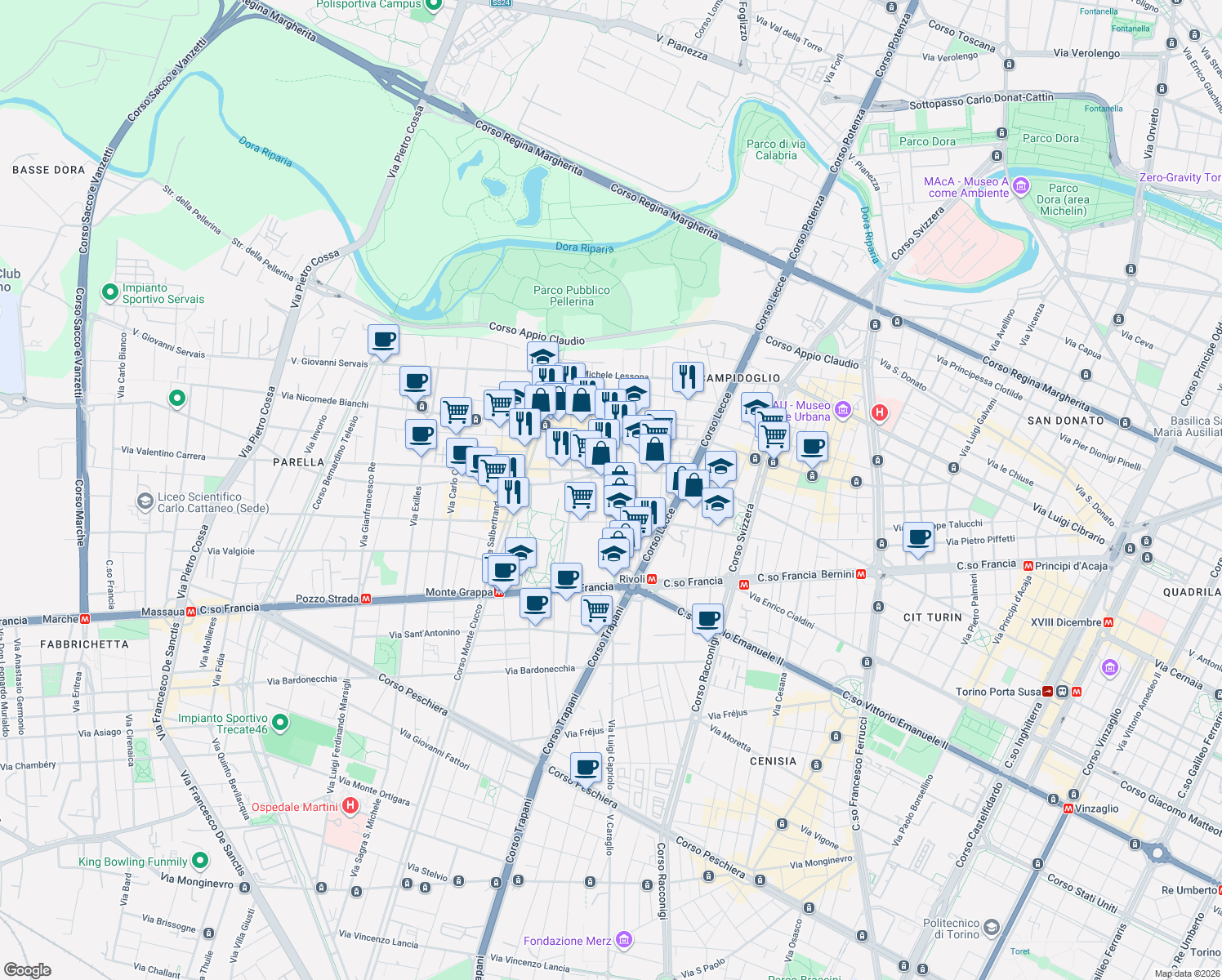 map of restaurants, bars, coffee shops, grocery stores, and more near 1-5 Piazza Giampietro Chironi in Turin