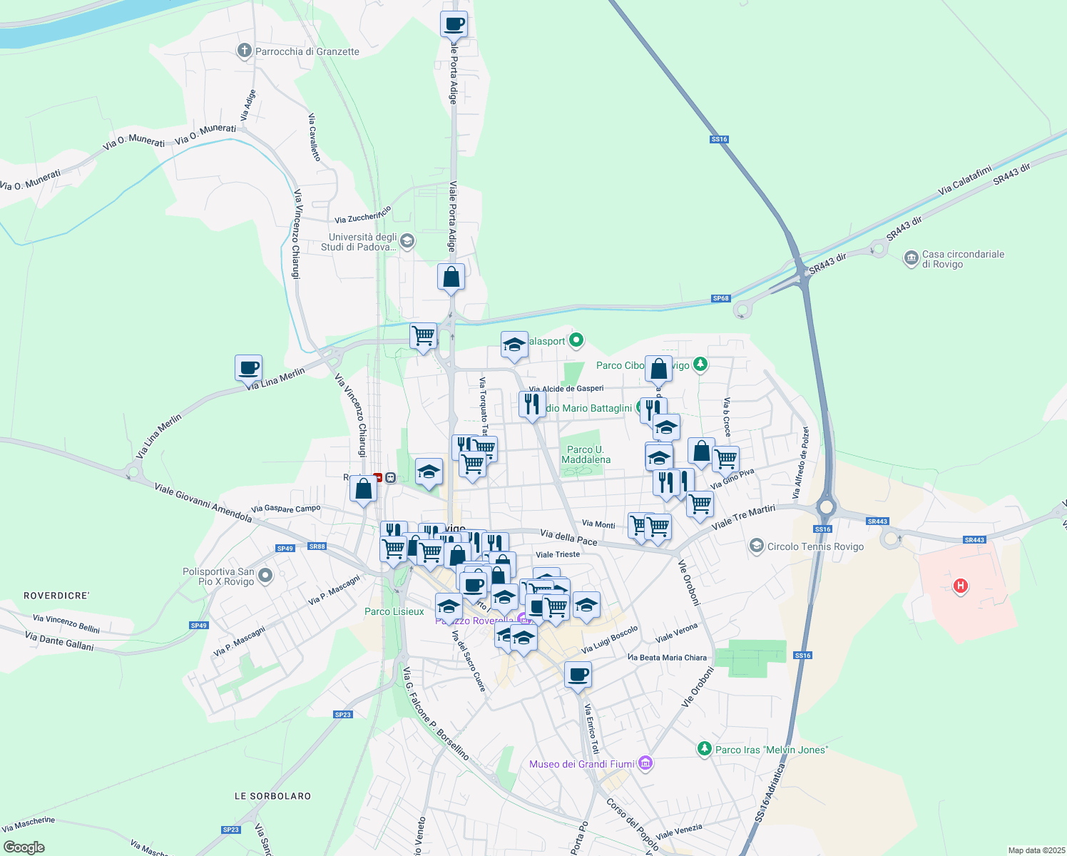 map of restaurants, bars, coffee shops, grocery stores, and more near 12 Viale Vittorio Alfieri in Rovigo