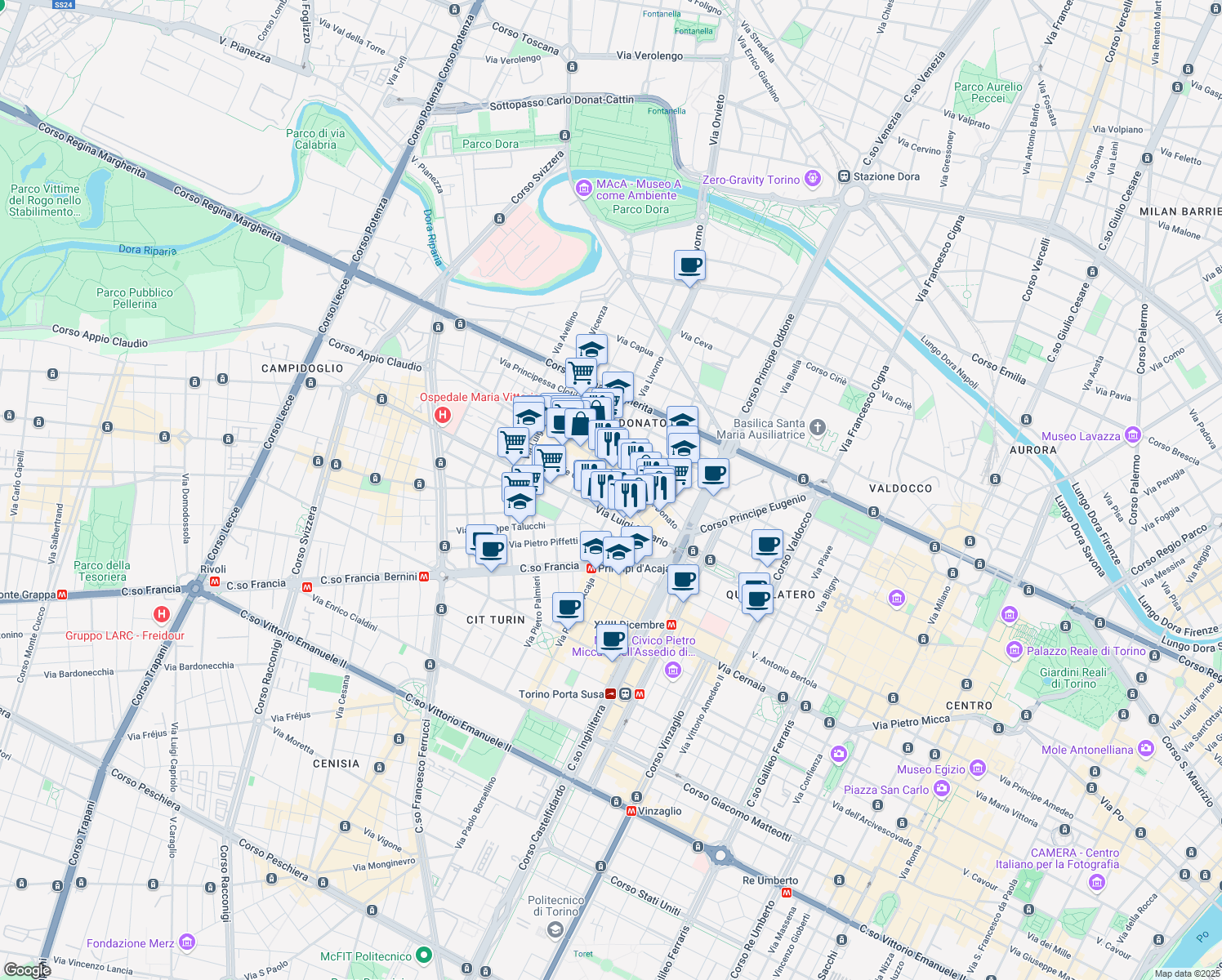 map of restaurants, bars, coffee shops, grocery stores, and more near 28 Via le Chiuse in Turin