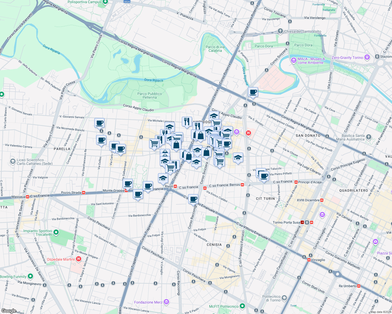map of restaurants, bars, coffee shops, grocery stores, and more near 66 Via Giacomo Medici in Turin