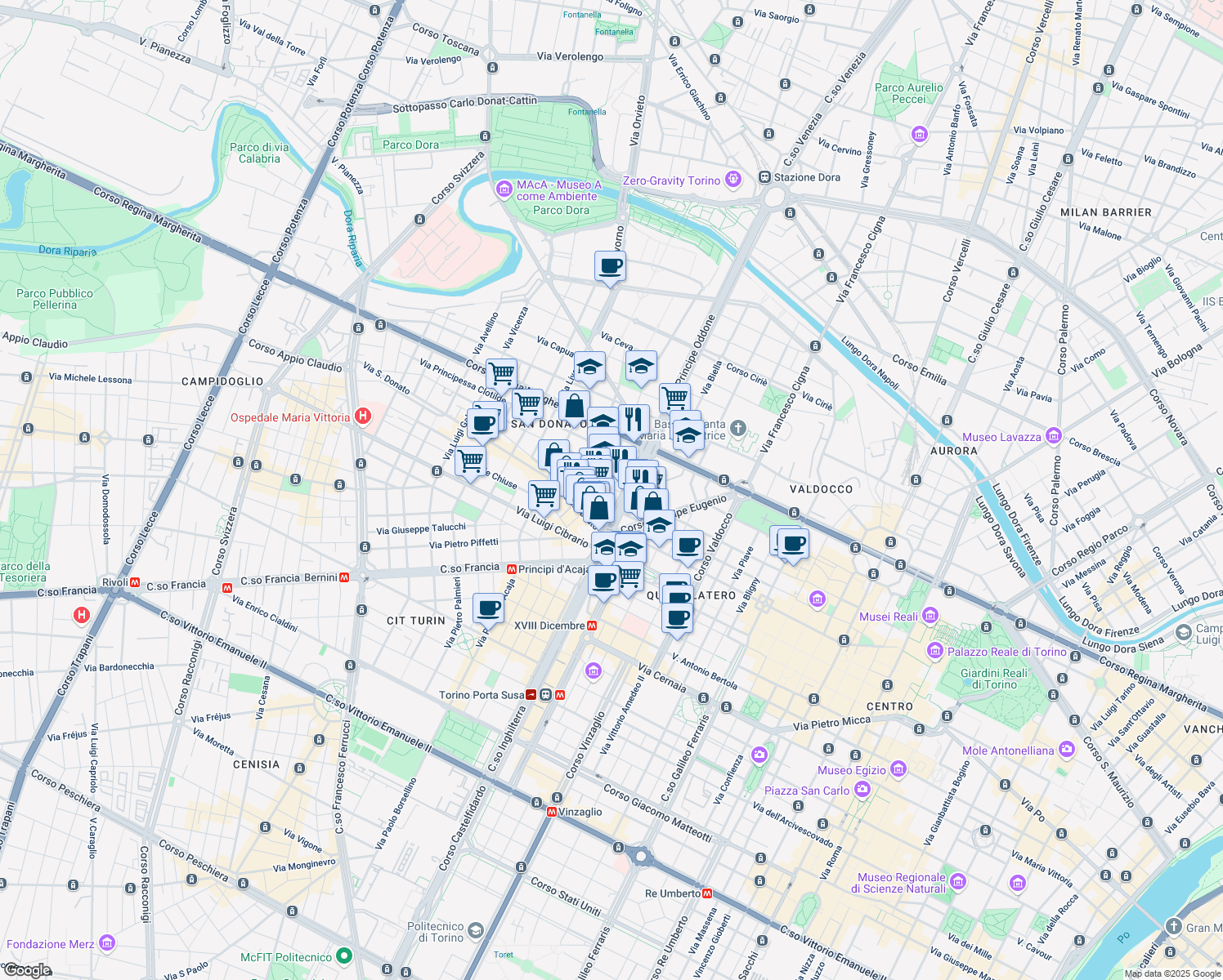 map of restaurants, bars, coffee shops, grocery stores, and more near 19-21 Via Balbis Giovanni Battista in Turin