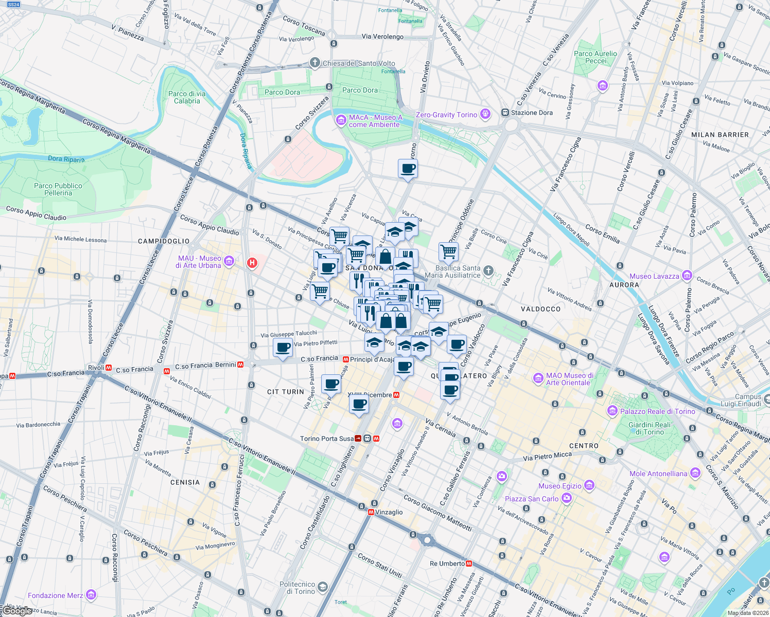 map of restaurants, bars, coffee shops, grocery stores, and more near 13 Via Vincenzo Maria Miglietti in Turin