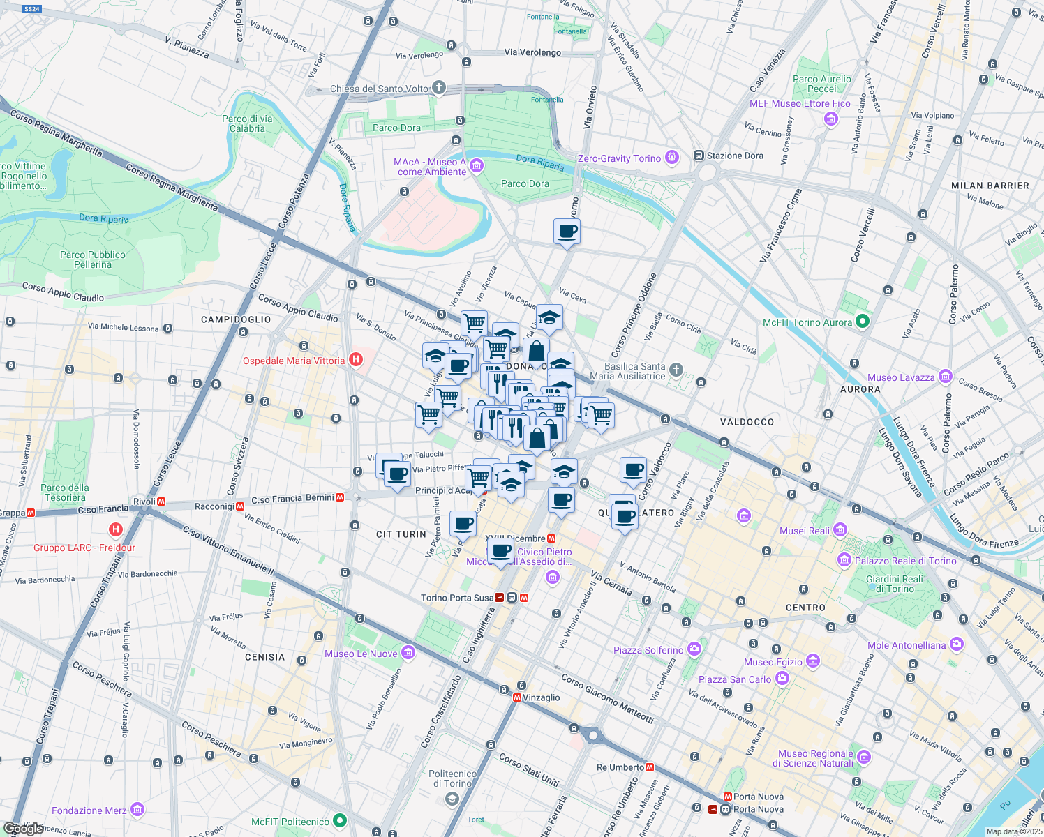 map of restaurants, bars, coffee shops, grocery stores, and more near 22 Via San Donato in Turin