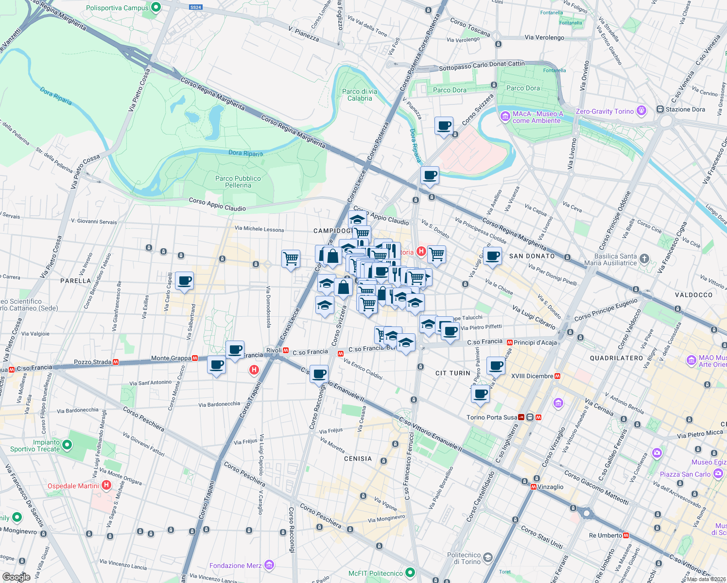 map of restaurants, bars, coffee shops, grocery stores, and more near 6 Via Buronzo in Torino