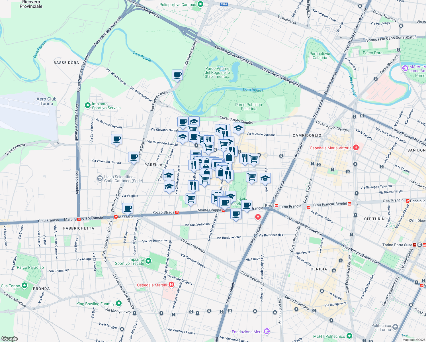 map of restaurants, bars, coffee shops, grocery stores, and more near 46a Via Vittorio Asinari di Bernezzo in Torino