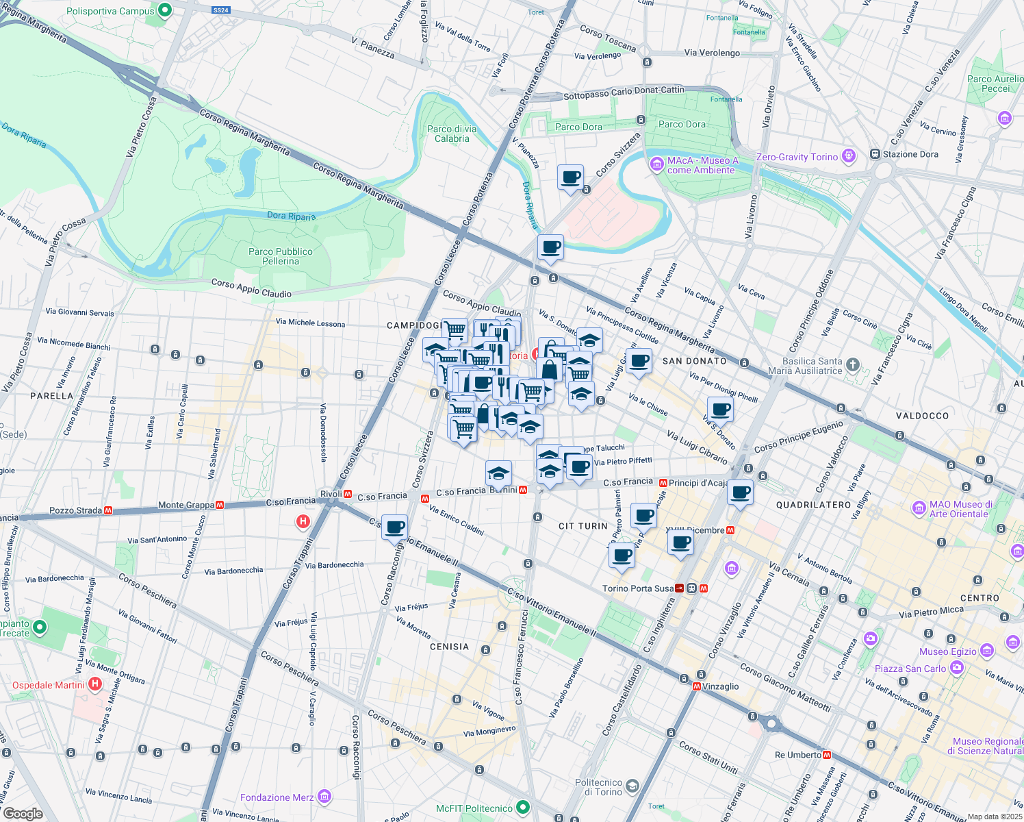 map of restaurants, bars, coffee shops, grocery stores, and more near 10 Via Nicola Fabrizi in Turin