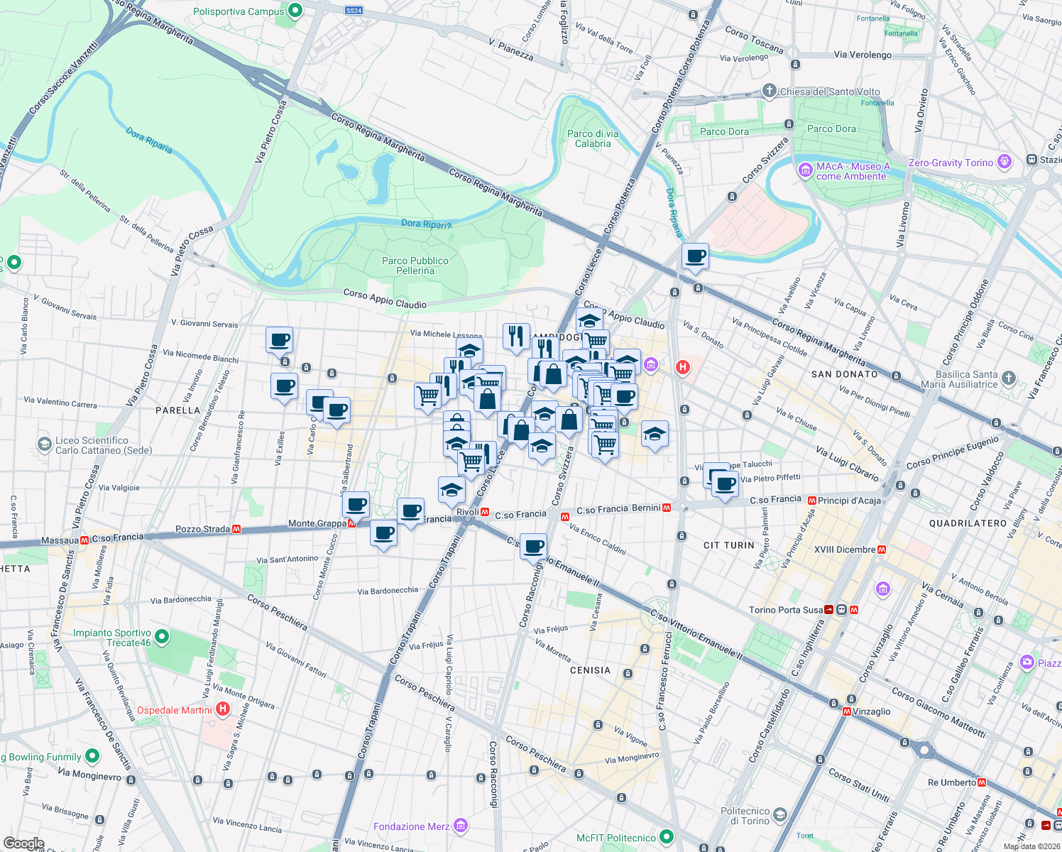 map of restaurants, bars, coffee shops, grocery stores, and more near 66 Via Giacomo Medici in Torino
