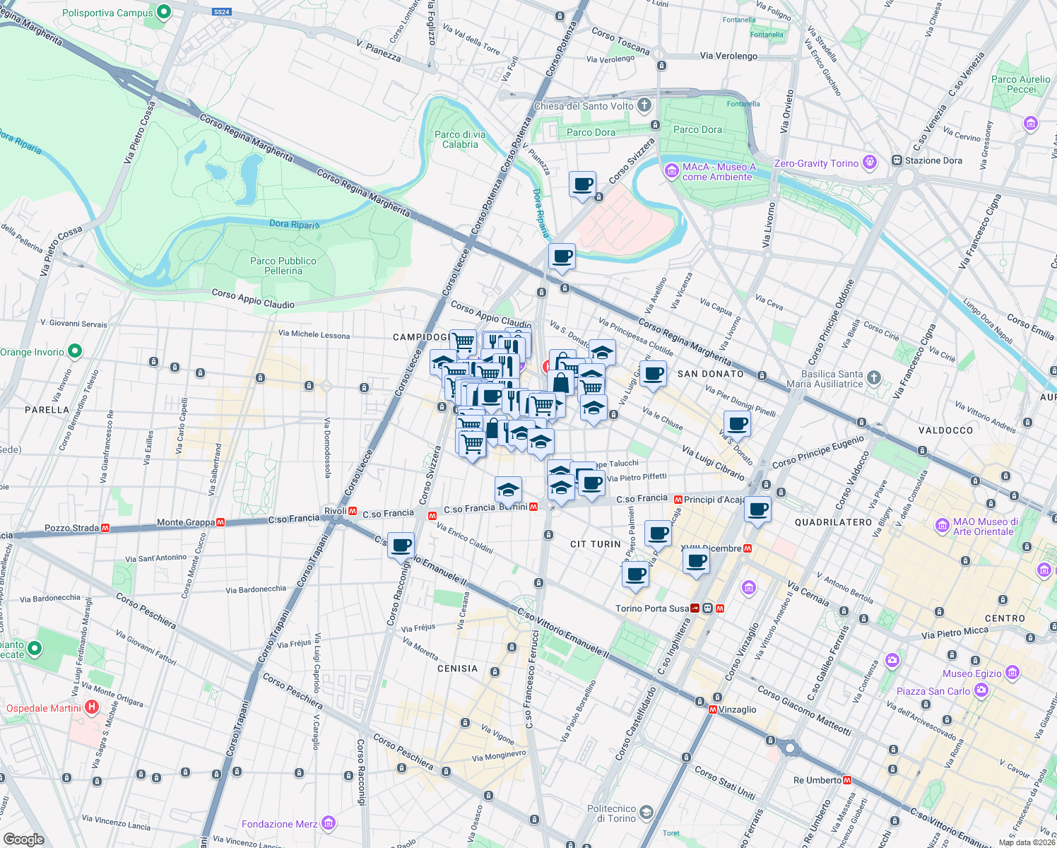 map of restaurants, bars, coffee shops, grocery stores, and more near 10 Via Nicola Fabrizi in Turin