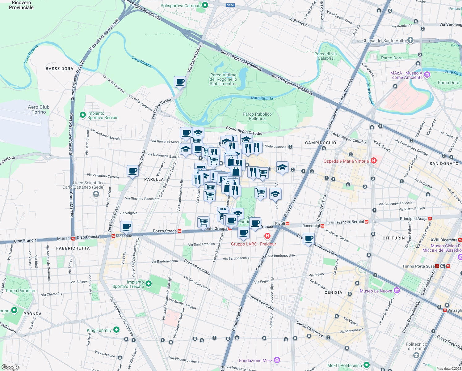 map of restaurants, bars, coffee shops, grocery stores, and more near 46 Via Salbertrand in Turin