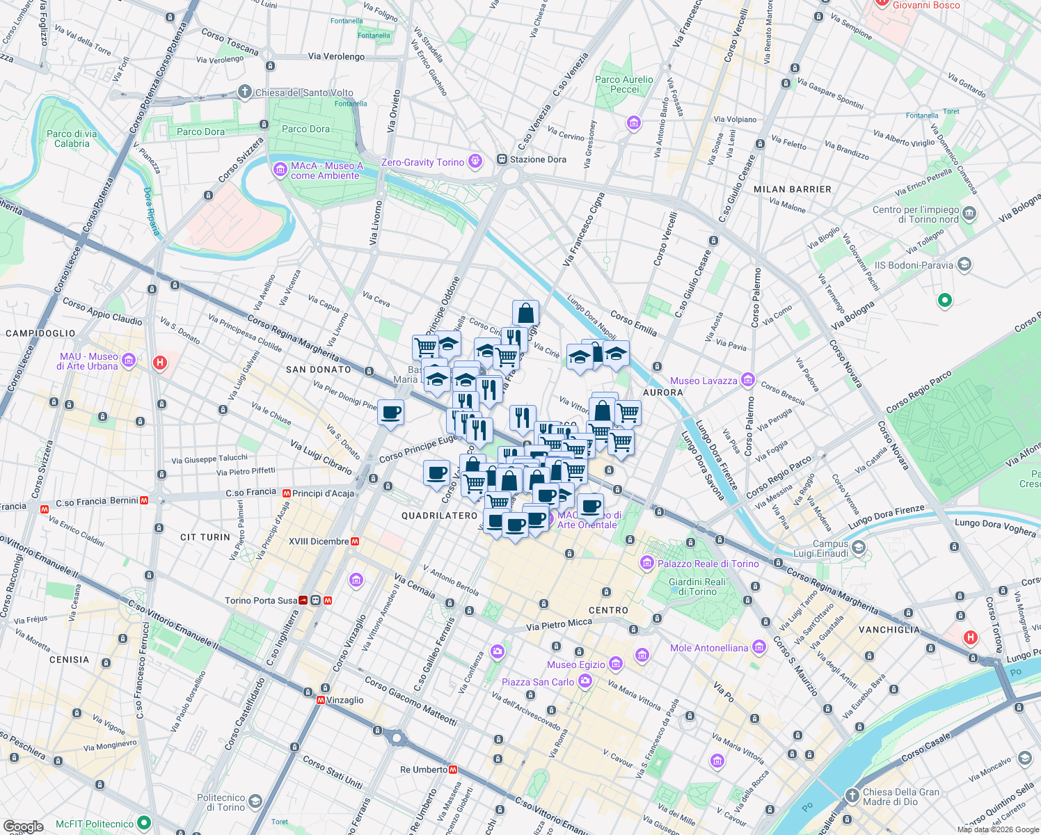 map of restaurants, bars, coffee shops, grocery stores, and more near 19 Via San Giuseppe Benedetto Cottolengo in Turin