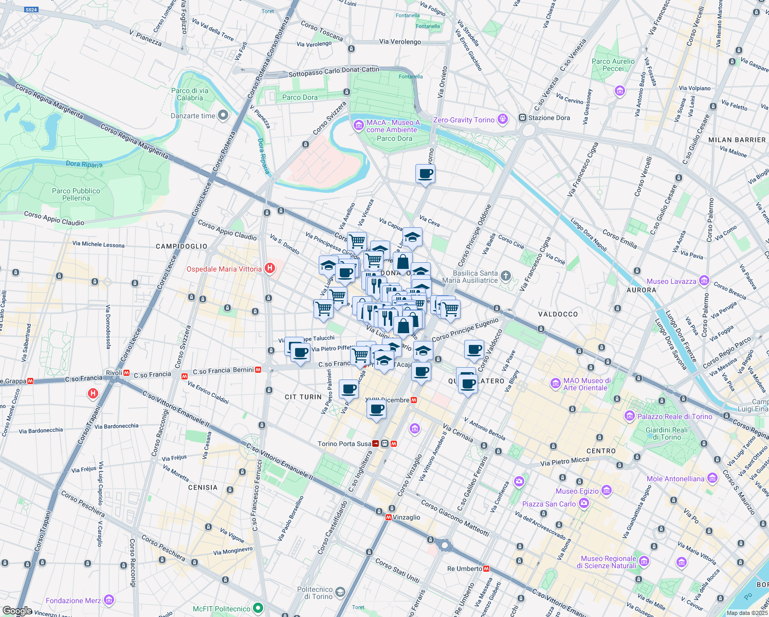 map of restaurants, bars, coffee shops, grocery stores, and more near 22 Via San Donato in Turin