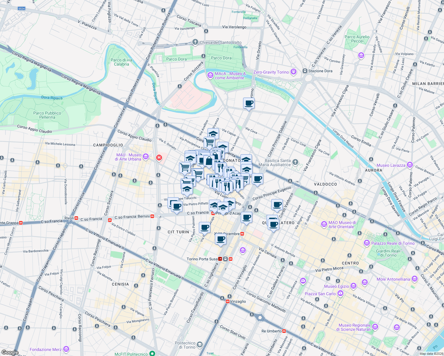 map of restaurants, bars, coffee shops, grocery stores, and more near 28 Via le Chiuse in Turin