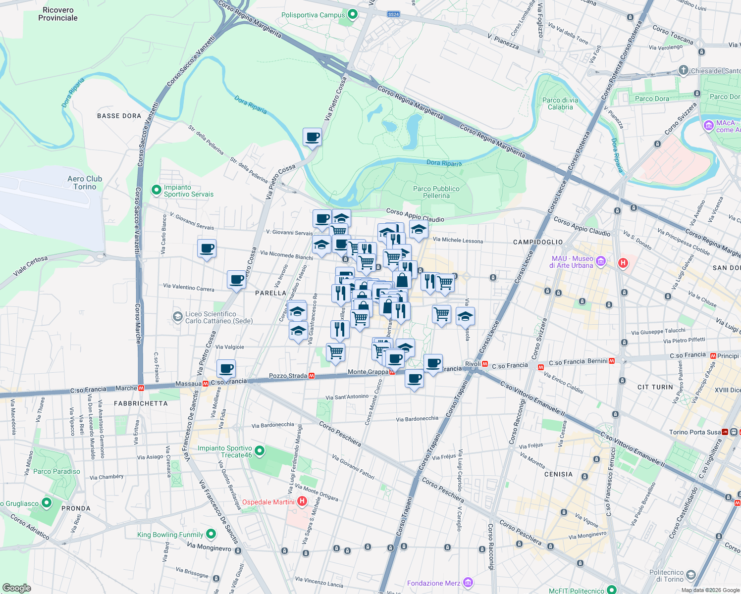 map of restaurants, bars, coffee shops, grocery stores, and more near 46a Via Vittorio Asinari di Bernezzo in Turin